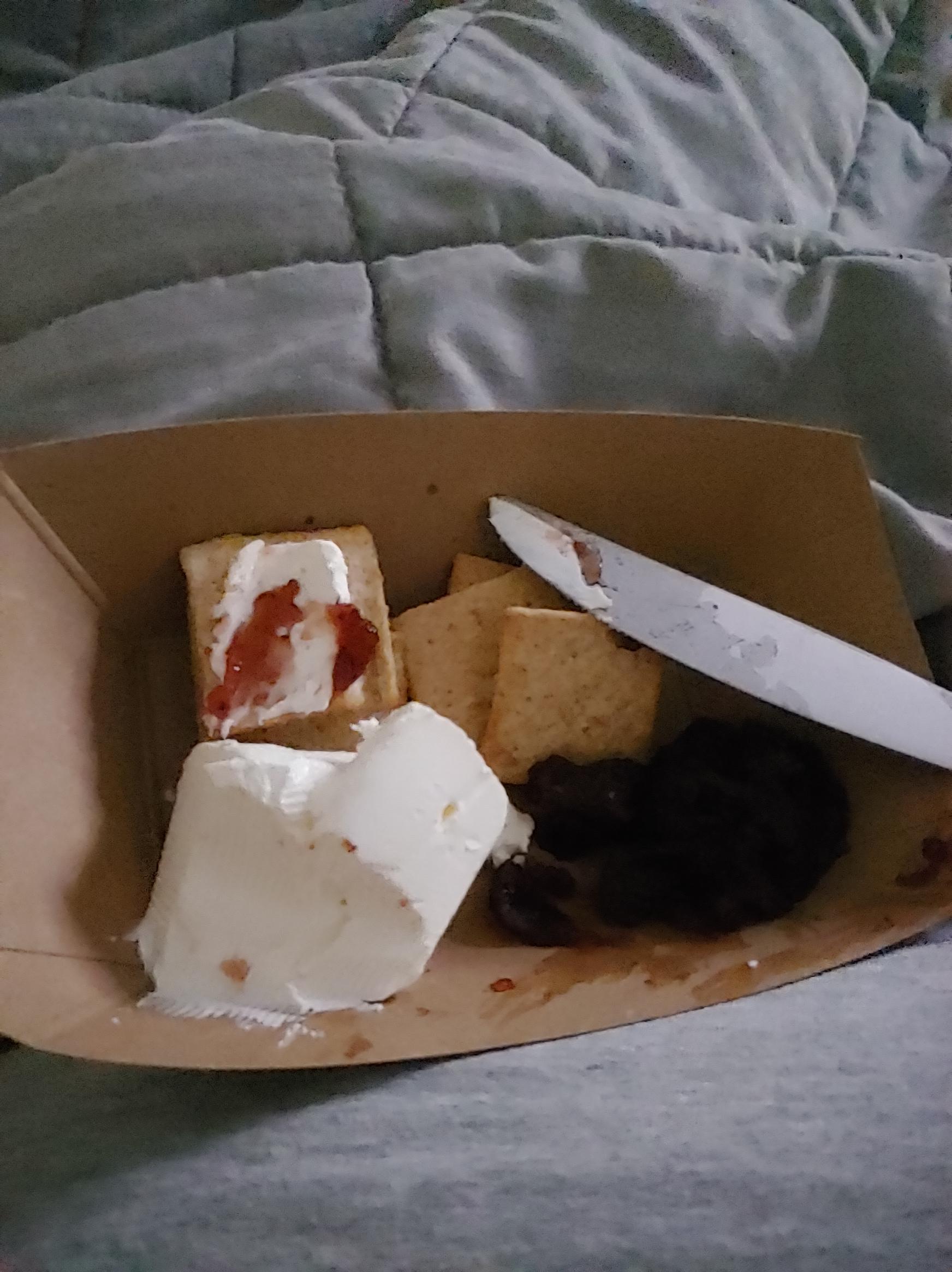 2am snack. Wheat thins, cream cheese, strawberry preserves. r