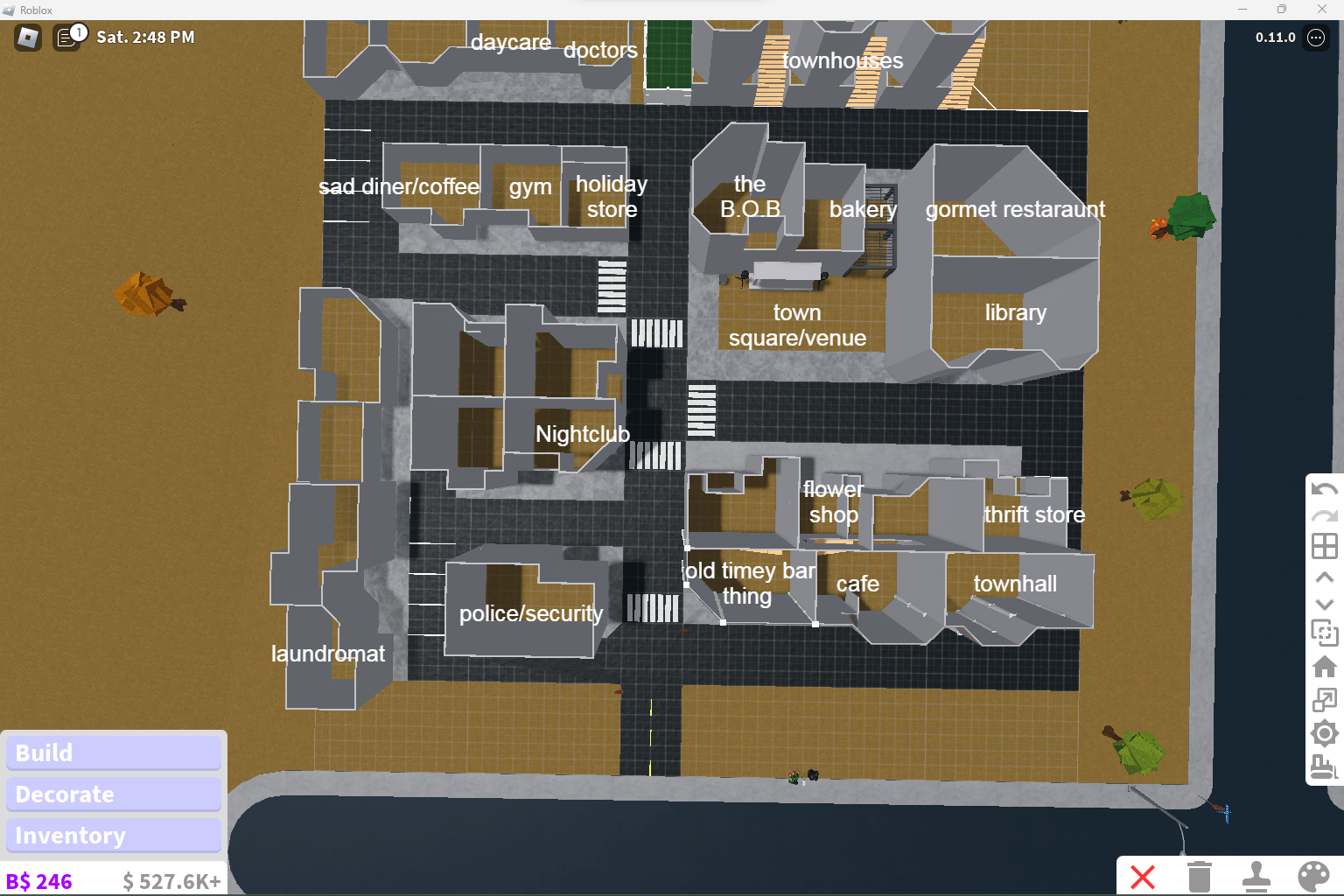 My town layout! I need suggestions for what other businesses/buildings