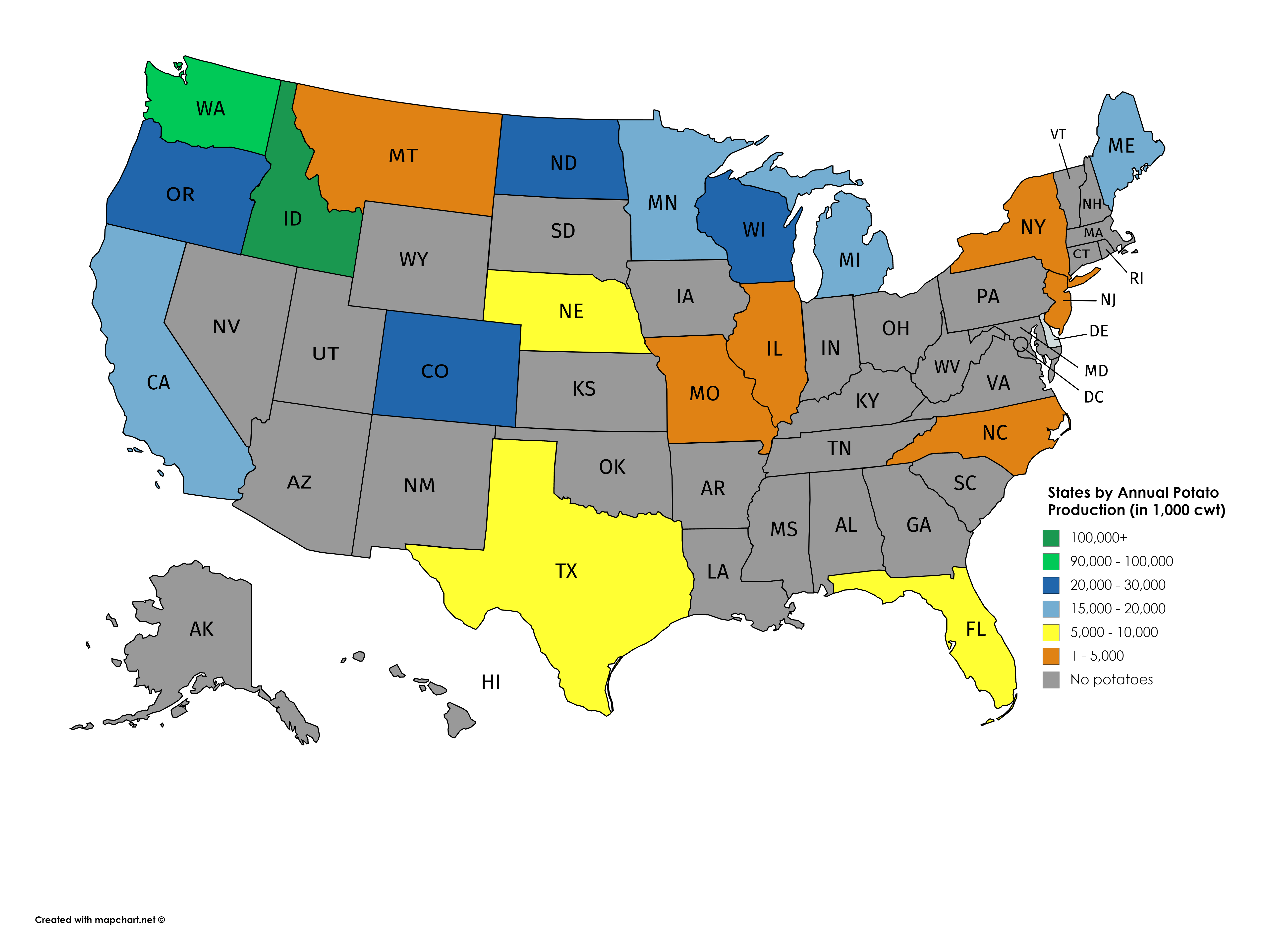 US States by Annual Potato Production [OC] r/dataisbeautiful