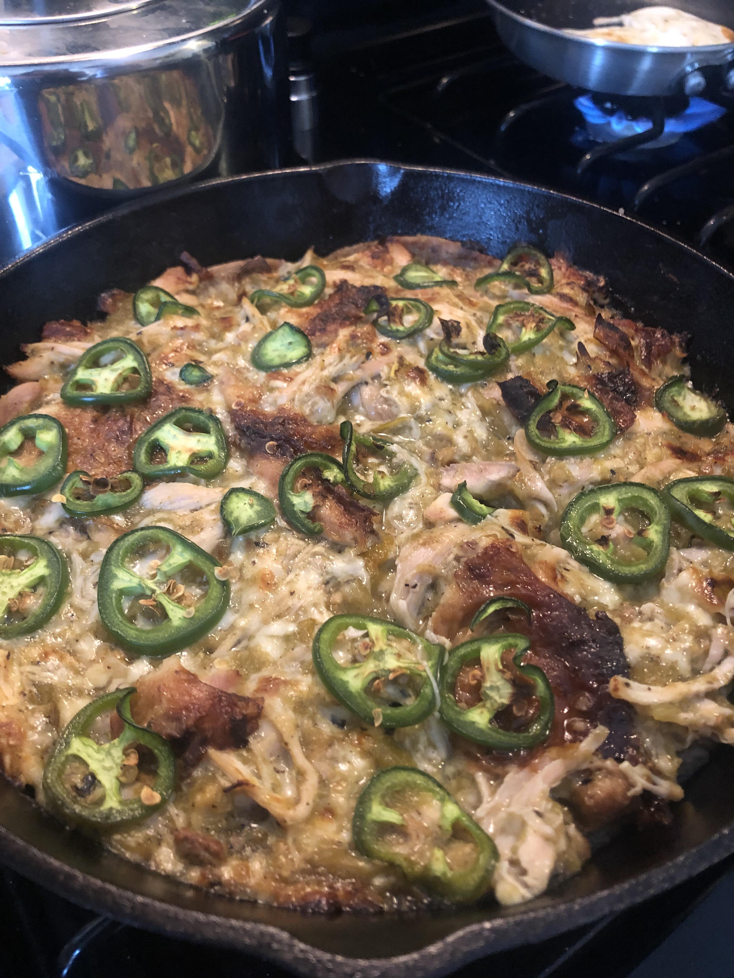 Husband + I made a roasted green hatch chili chicken enchilada