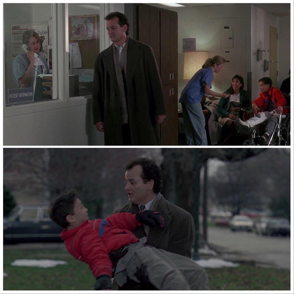 In the movie Groundhogs Day(1993), you can see a boy with a broken leg