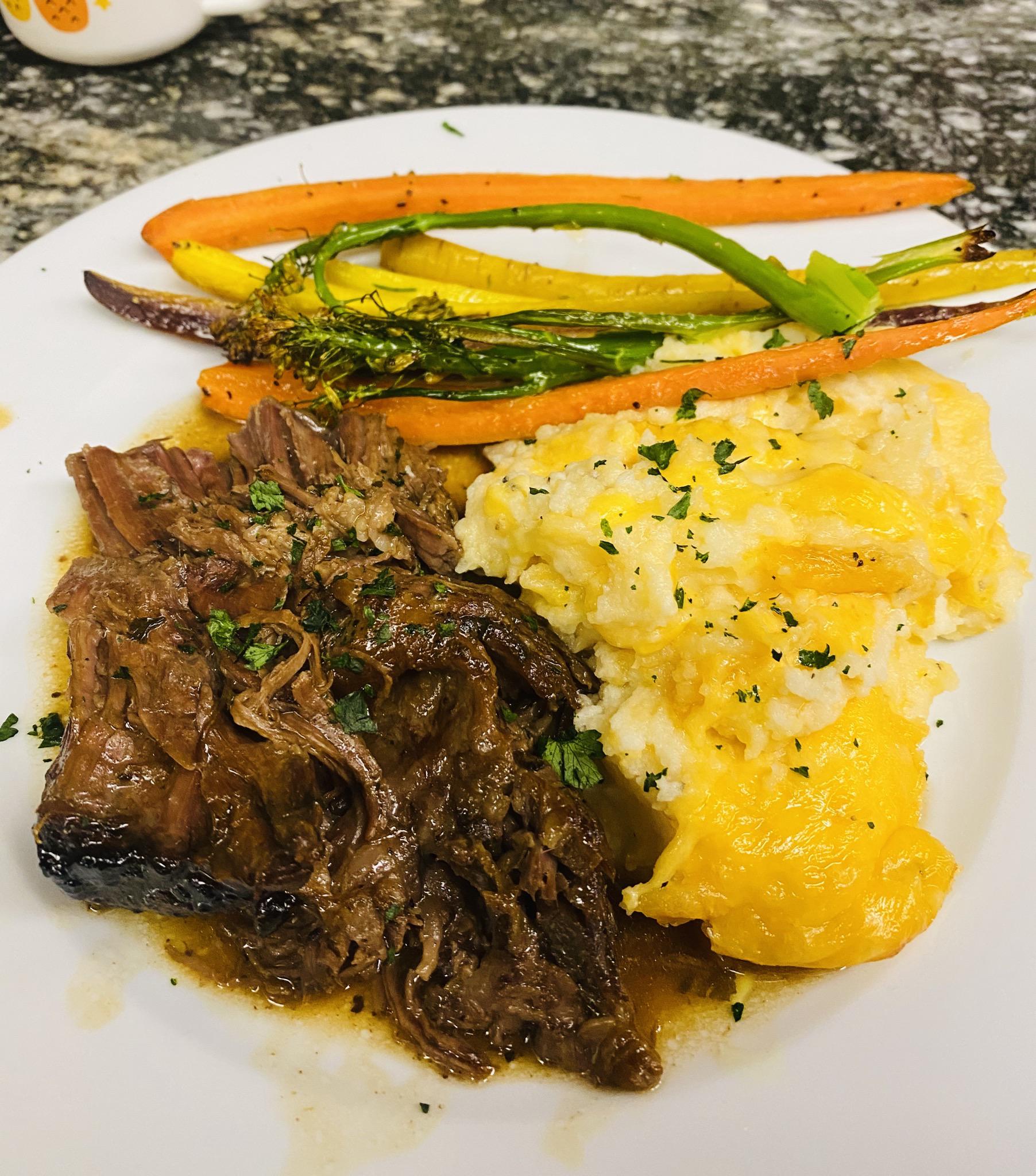 Last night’s Mississippi Pot Roast, cheesy mashed potatoes and oven