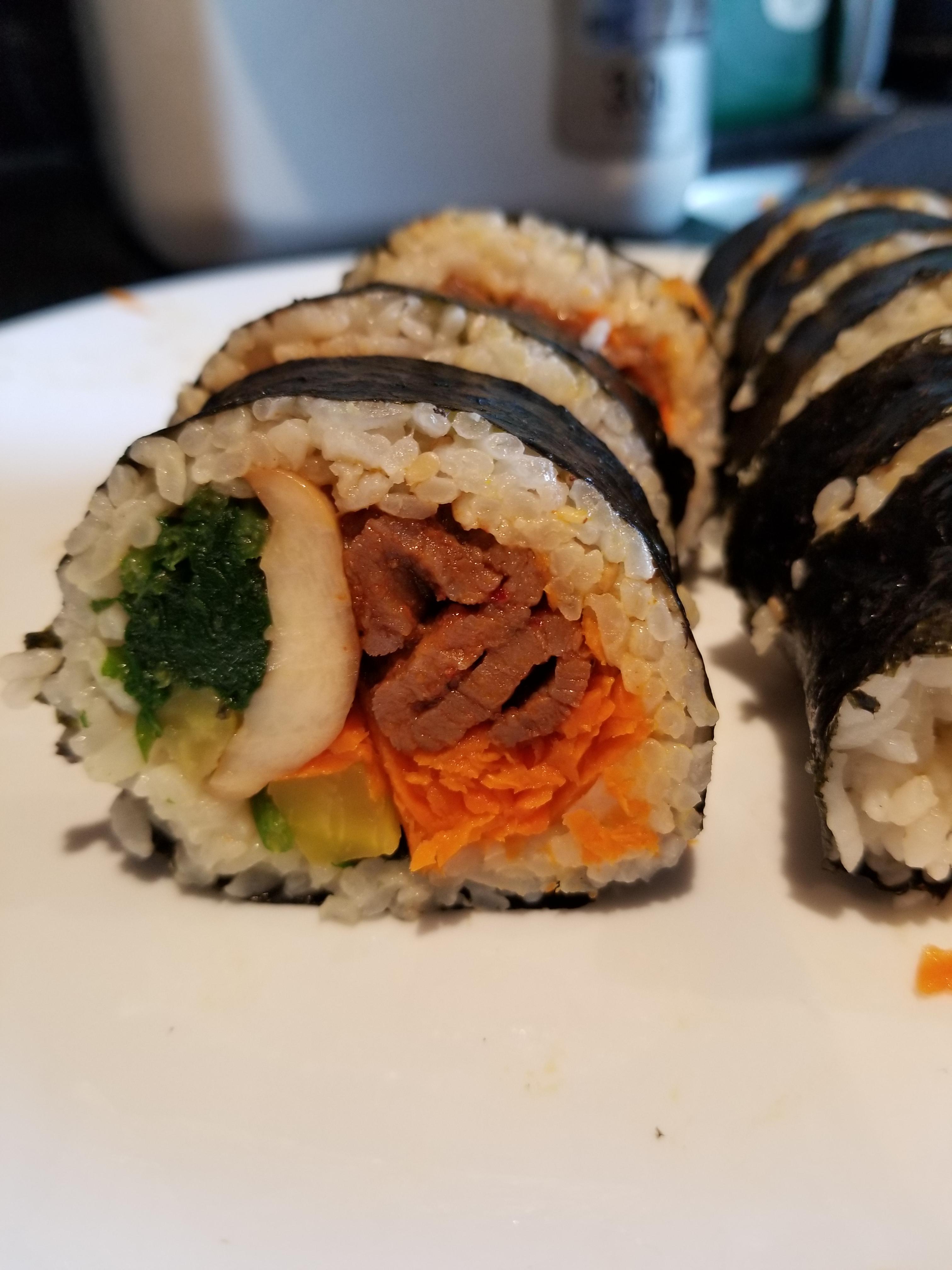 A first try at gimbap spicy tuna triangle gimbap and bulging, cheese