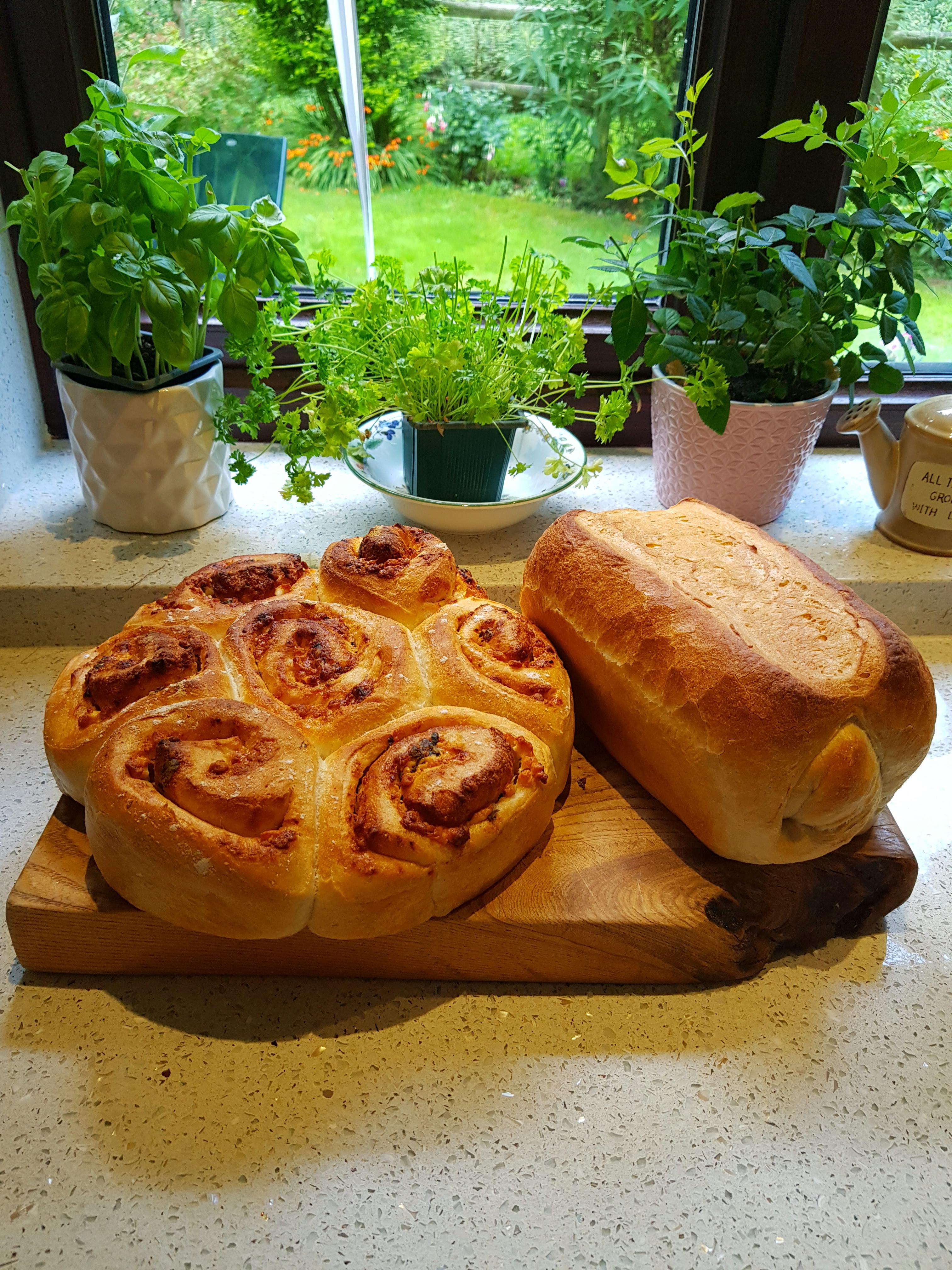 Finally baking bread again, decided to make a plain white loaf and a cheesy pesto tear and share