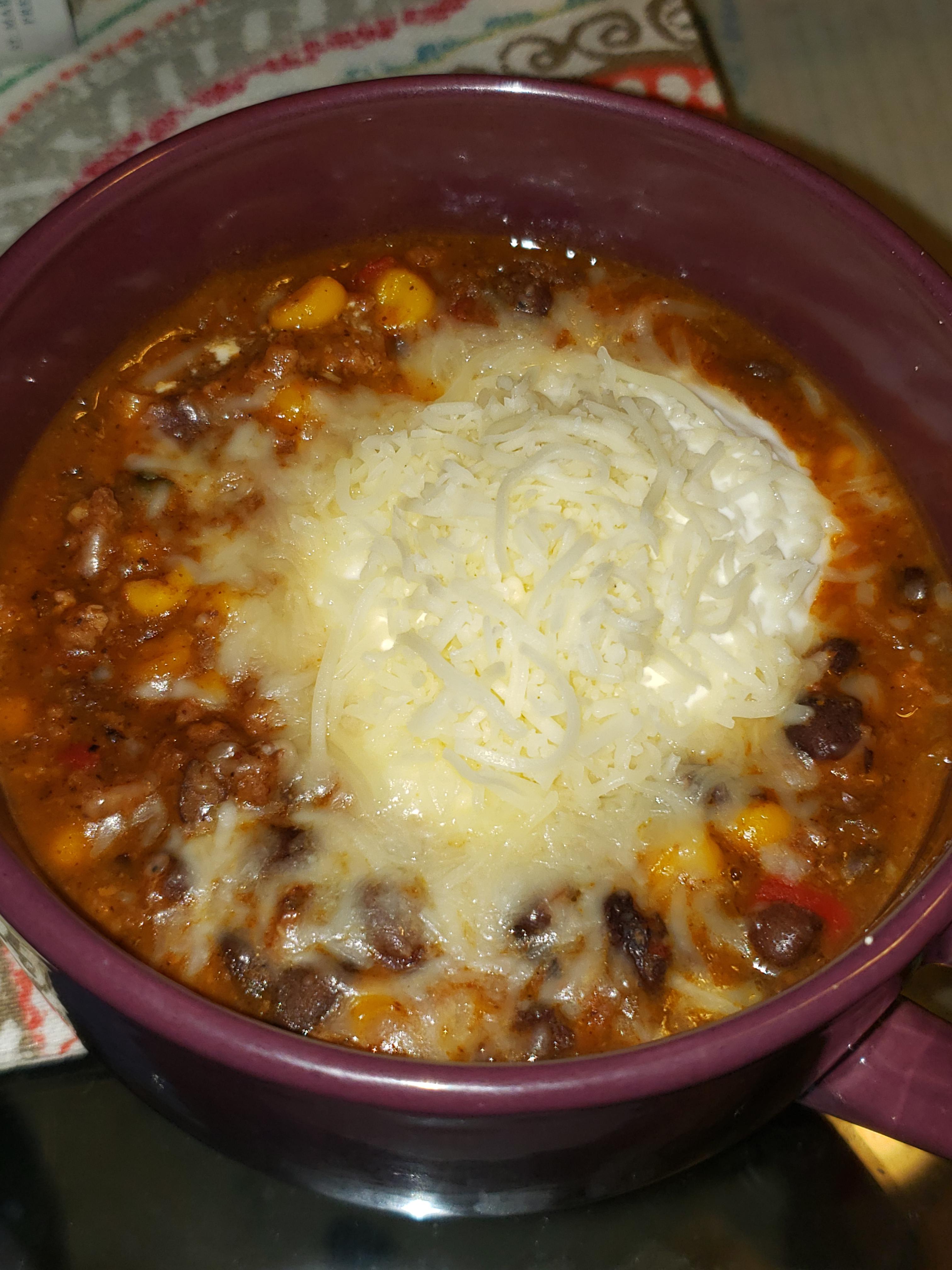 Turkey chili with daisy sour cream and Monterey Jack cheese for 385 r