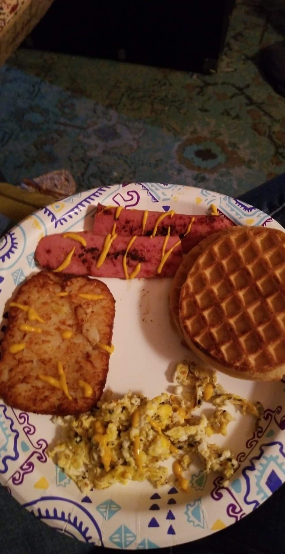 My "cheat day" brunch. Two multigrain waffles, 3.25 oz turkey andoulli