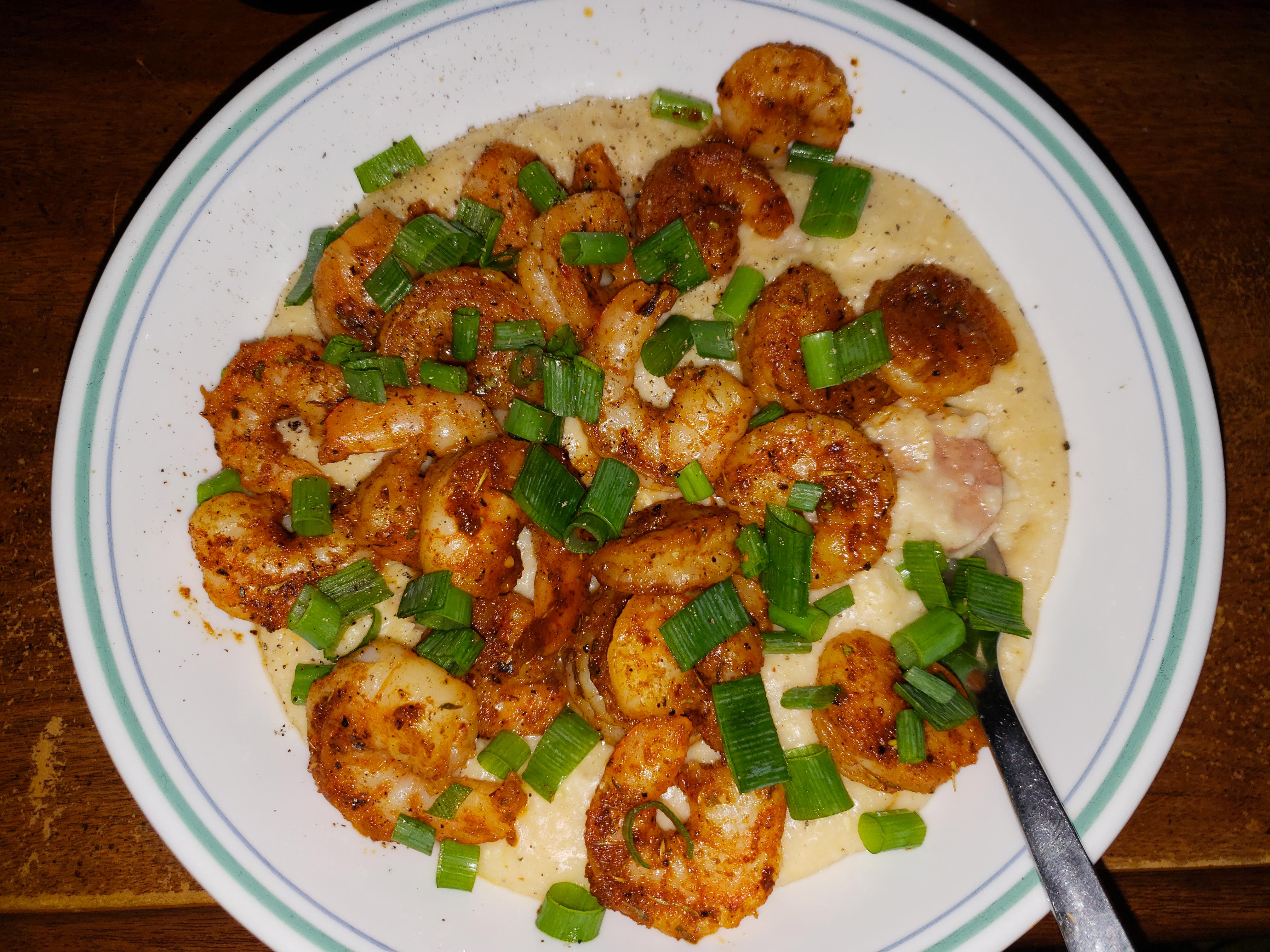 [homemade] Blackened Shrimp and Cheesy Andouille Grits r/food
