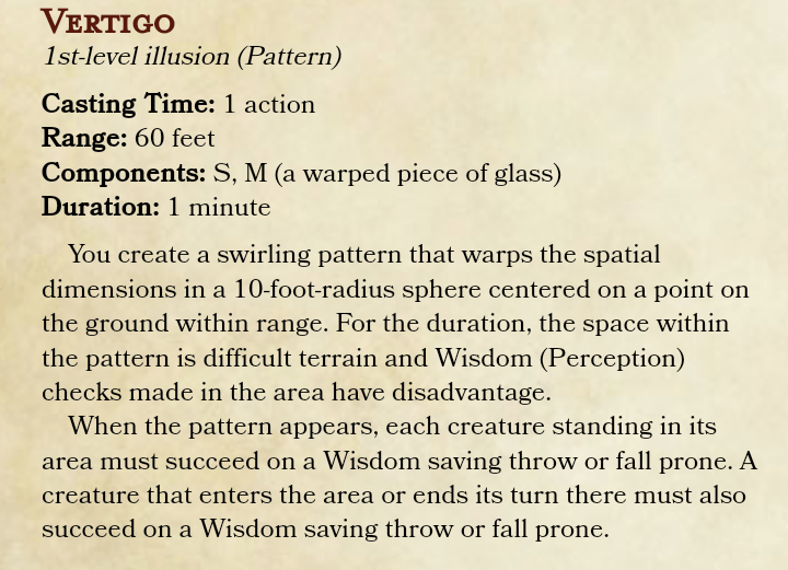 Vertigo An Illusory Version of the Grease Spell. What are some of your