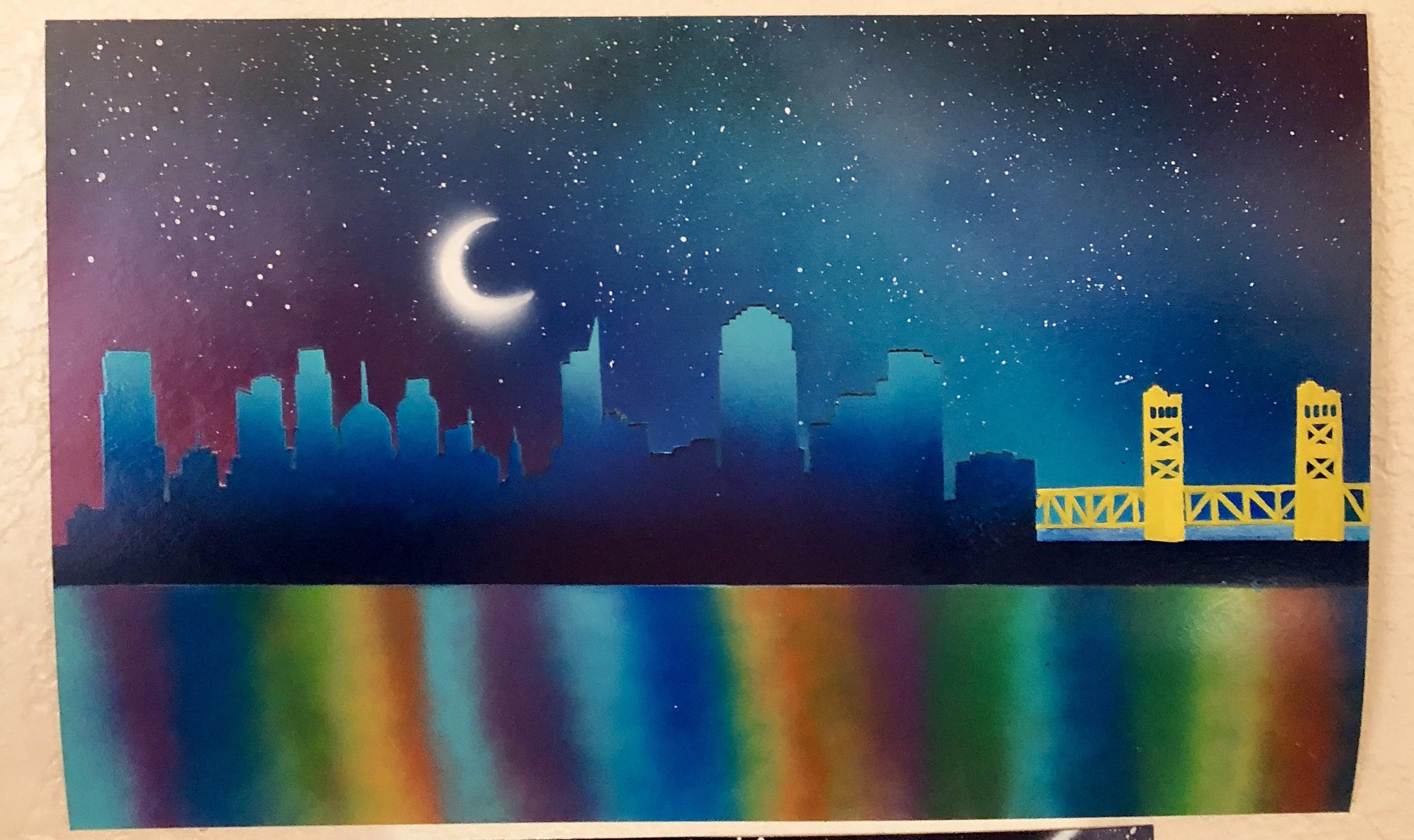 My first spray painting of Sacramento city skyline. r/Sacramento
