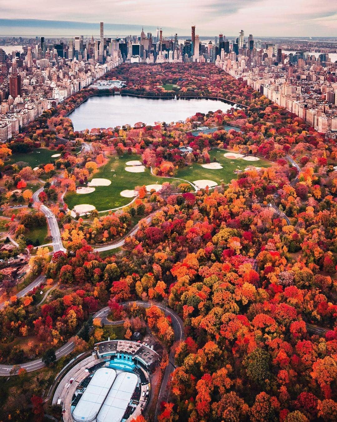 Autumn in New York Central Park as seen from high above. r