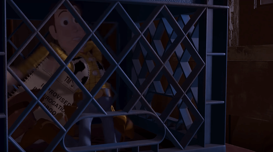 In Toy Story (1995), when Woody and Buzz are trapped in Sid's house, we