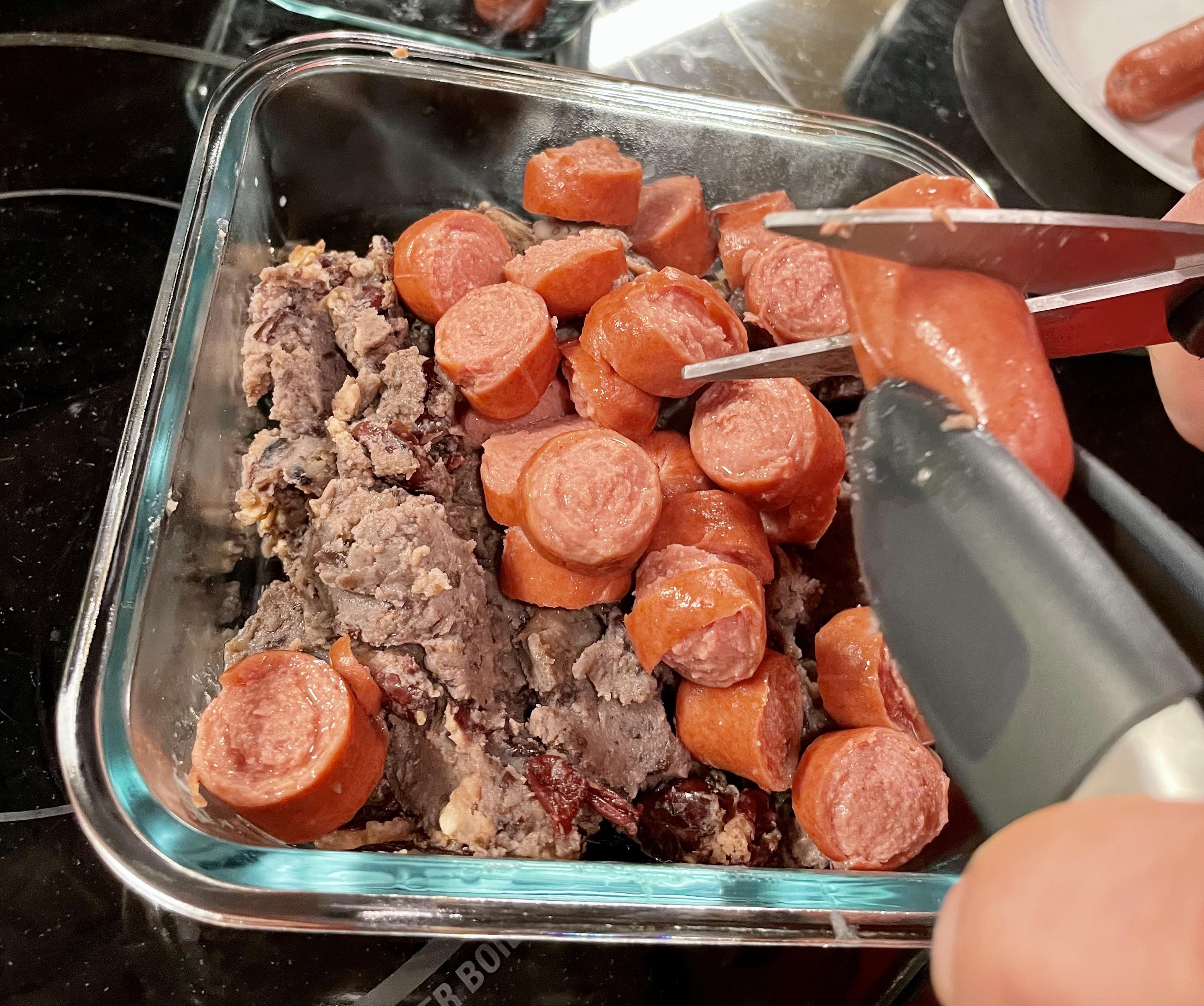 Husband is cooking tonight. Hot dogs, refried & pinto bean paste. He'll be feasting for days