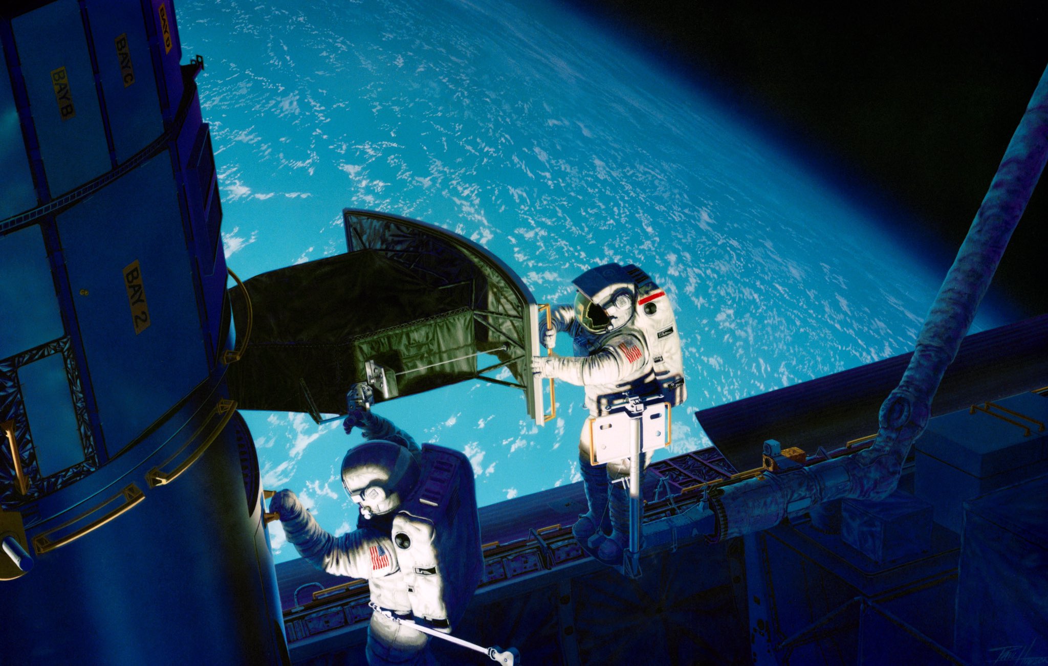 NASA art by Paul Hudson, 1993, picturing the Hubble Space Telescope