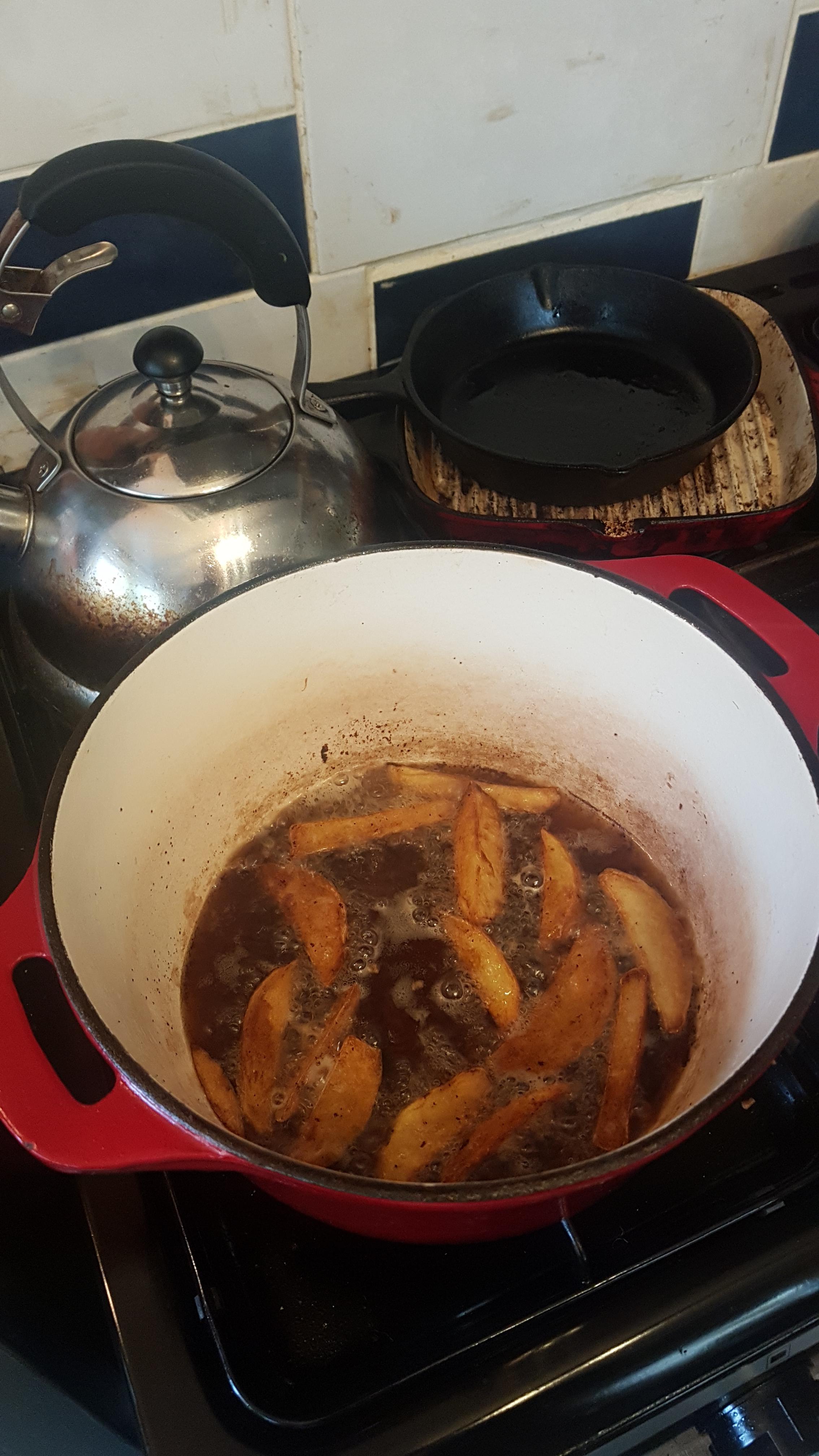 Triple cooked shallow fried chips with steak fat in the enamel CI. Not