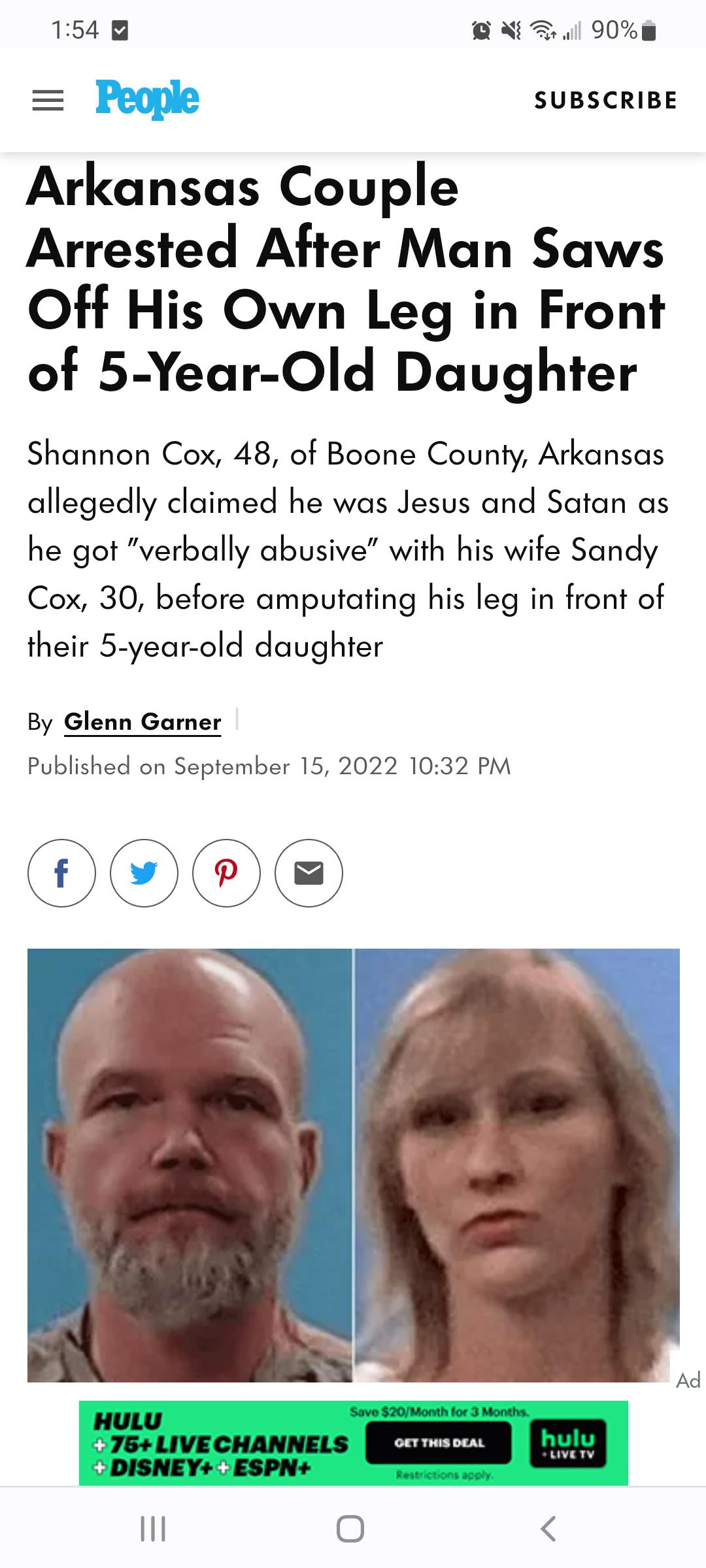 Man cuts off his own leg in front of 5 year old daughter. Link to story