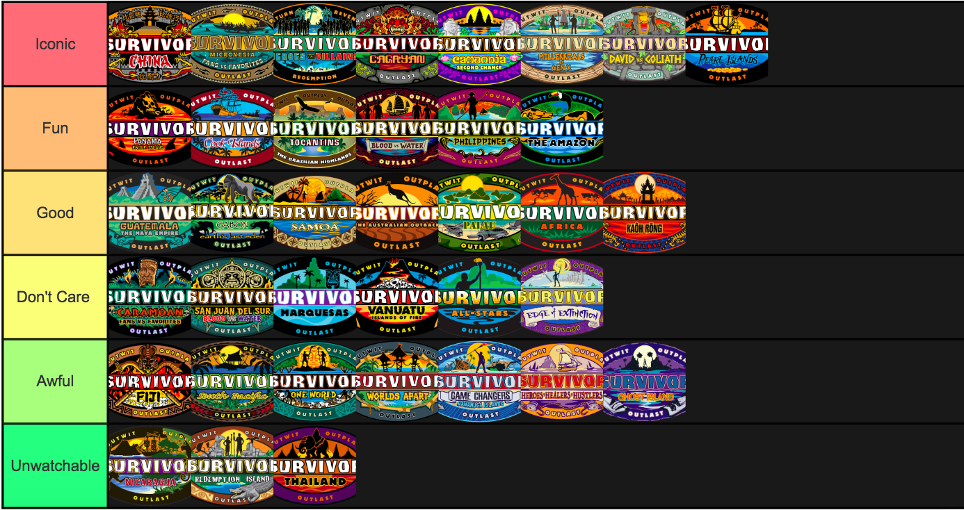 My ranking of all 38 seasons r/survivor