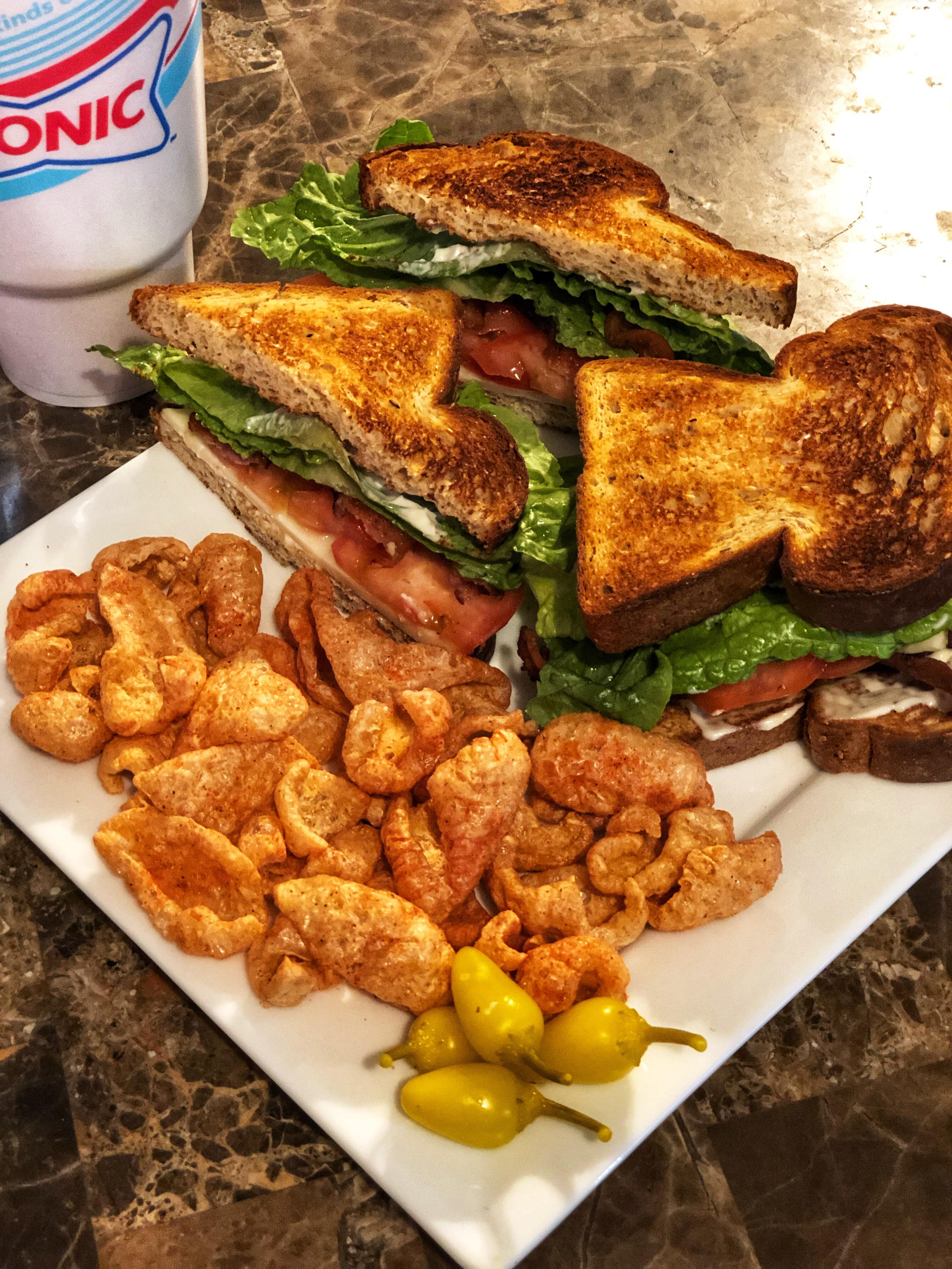 BLT with smoked provolone on Chompies low carb bread and a diet cherry