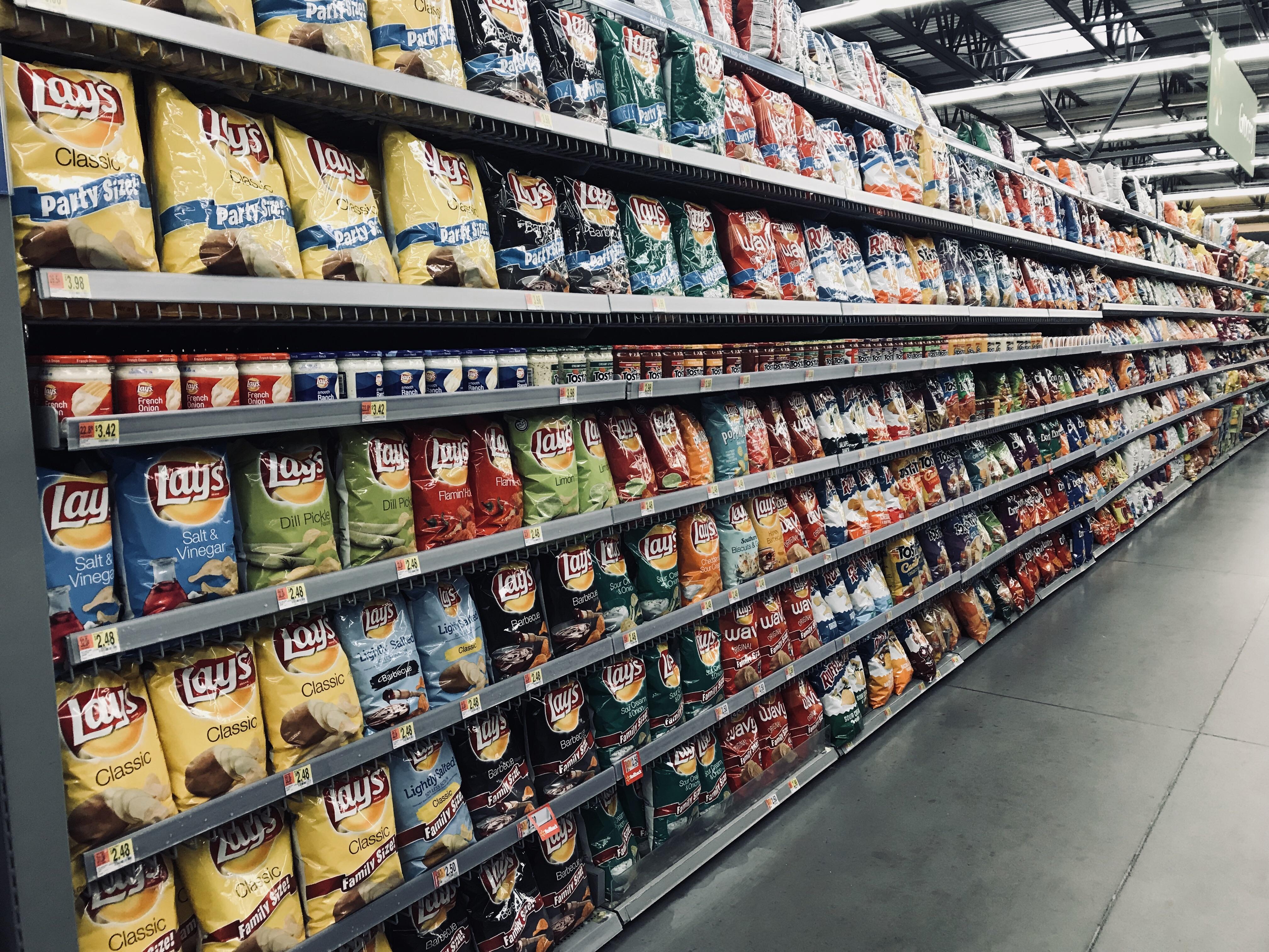 The chip aisle at Walmart right when it first opens. Taken on a cross