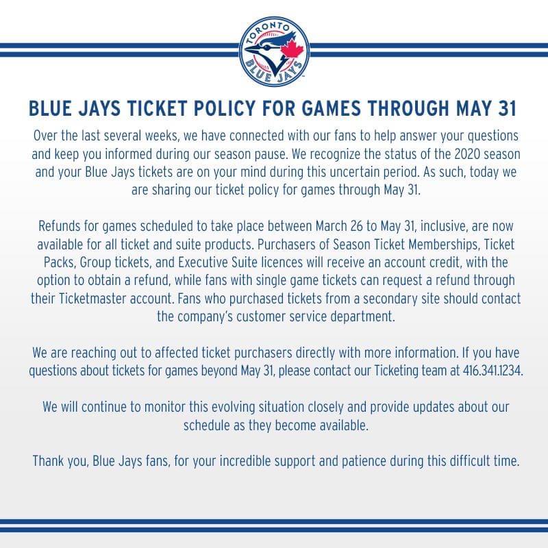 Blue Jays Official Ticket Policy For Games Through May 31 r