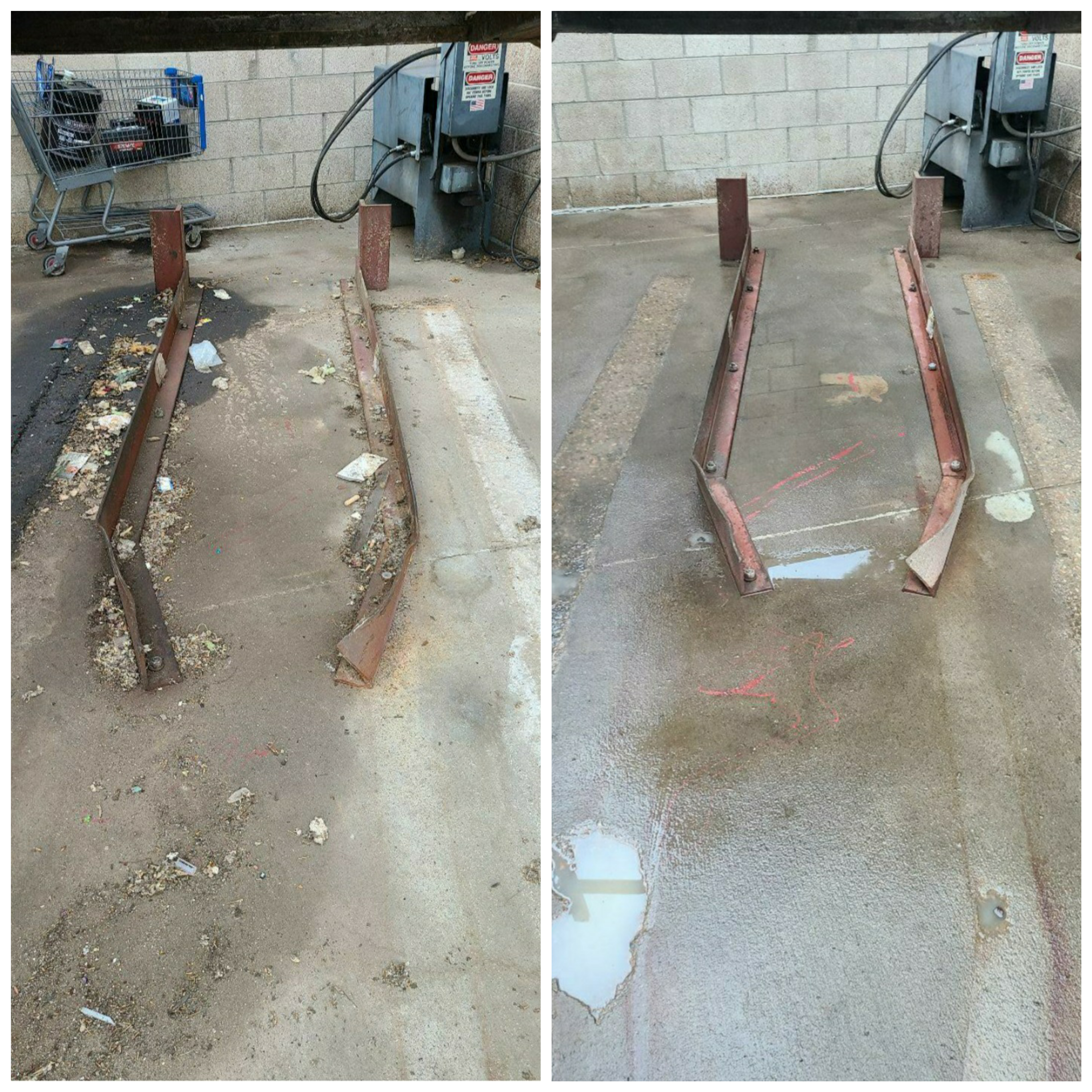 Trash compactor pad before and after. One of the more disgusting ones I