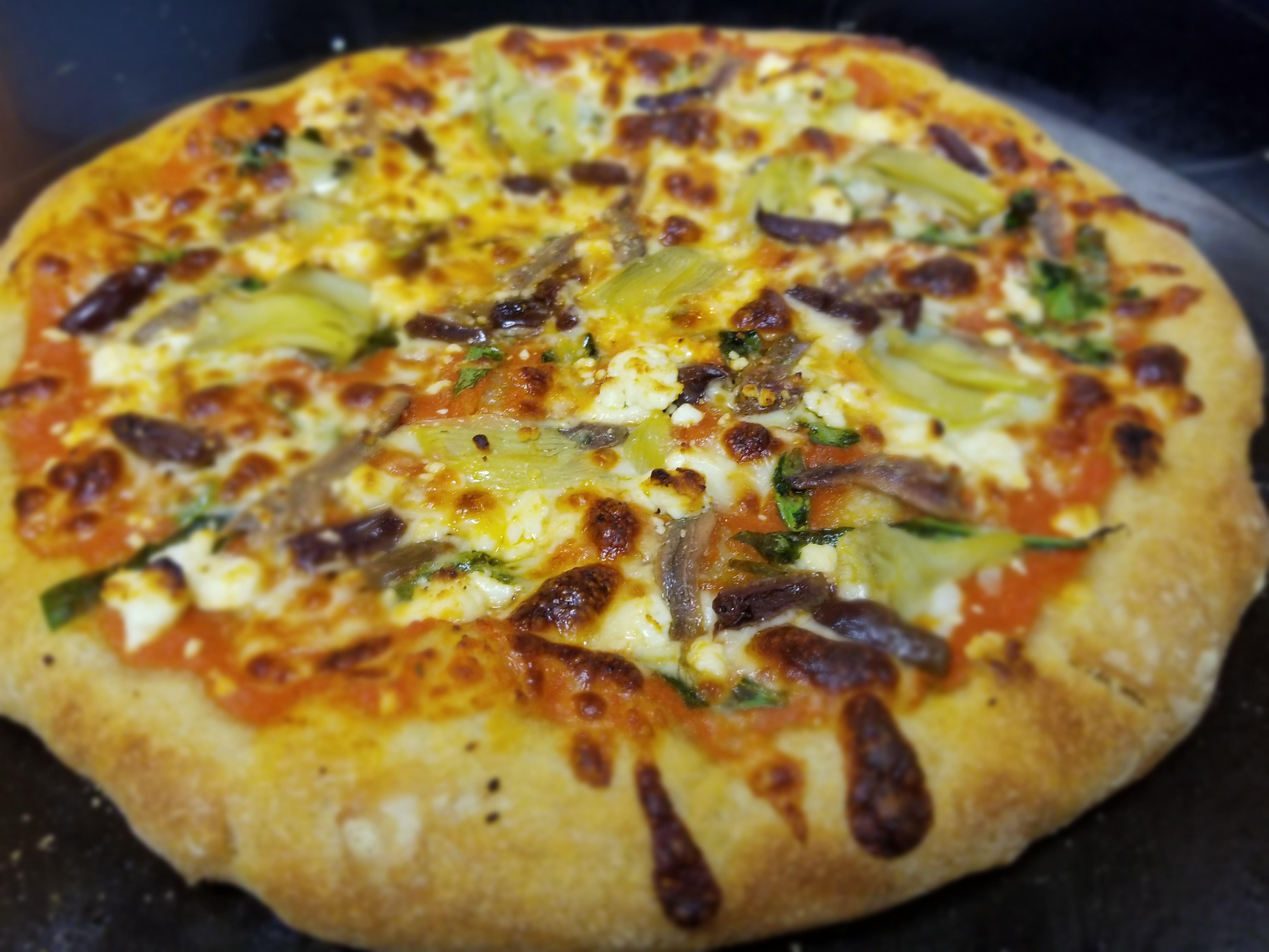 Olive artichoke anchovies spinach feta on sourdough r/Pizza