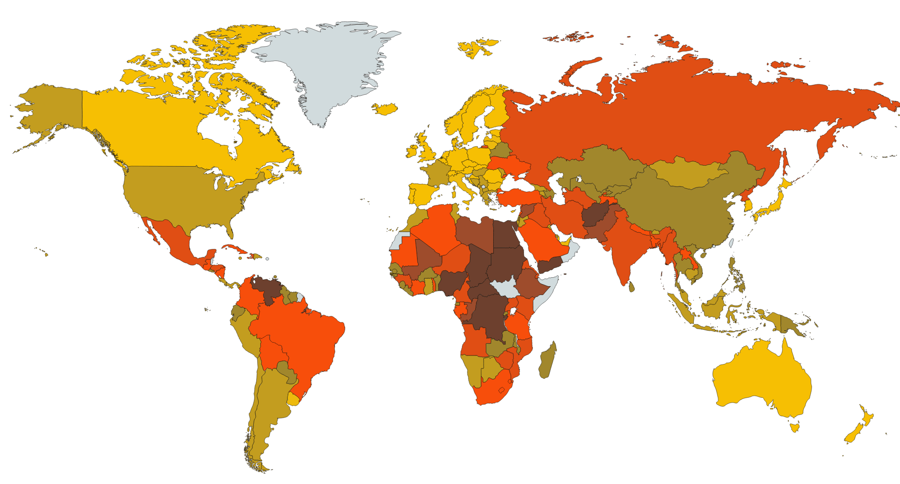 Safest Countries To Live In (Orange Is Safe\Red Is Dangerous) r/MapPorn