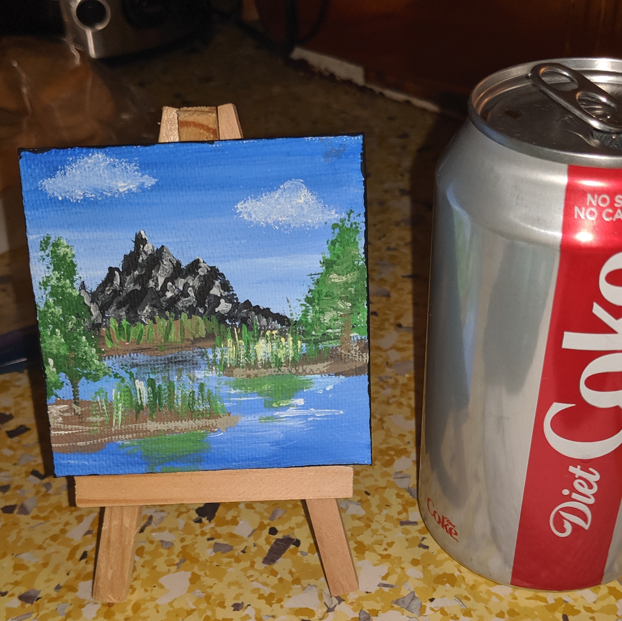 I did a tiny Bob Ross inspired painting today, the coke can is for size