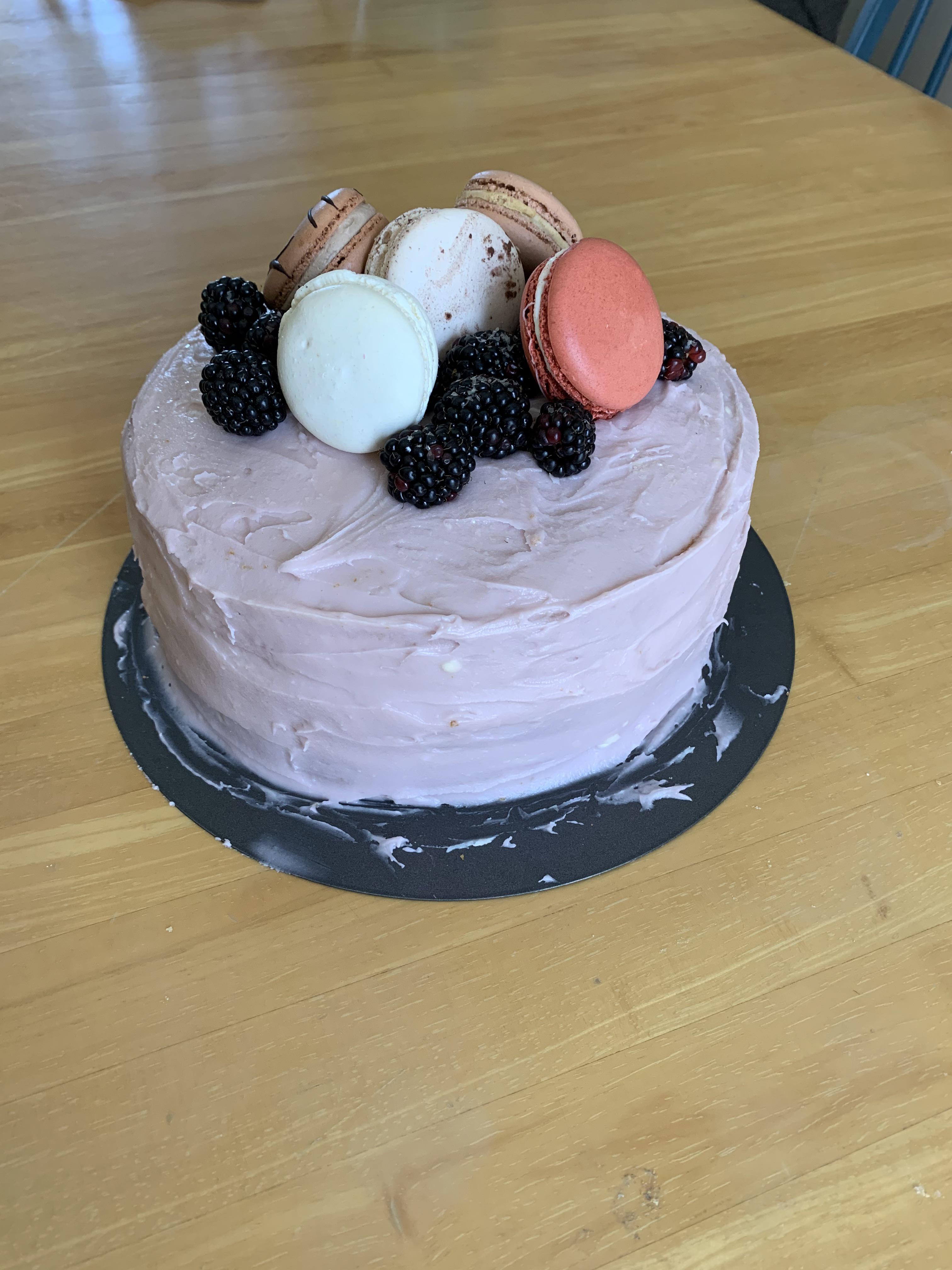 [Homemade] lavender cake with blackberry filling and cream cheese icing