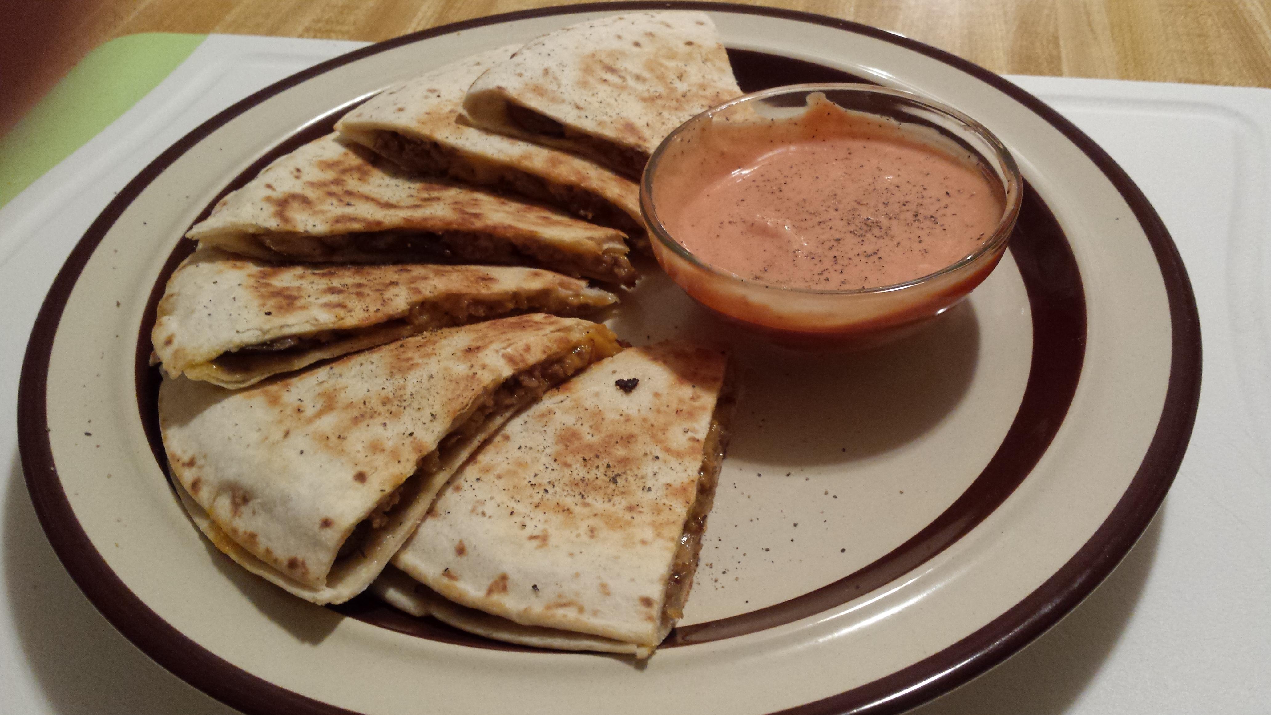 Left over meatloaf Quesadillas with ketchup and mayo dipping sauce. r