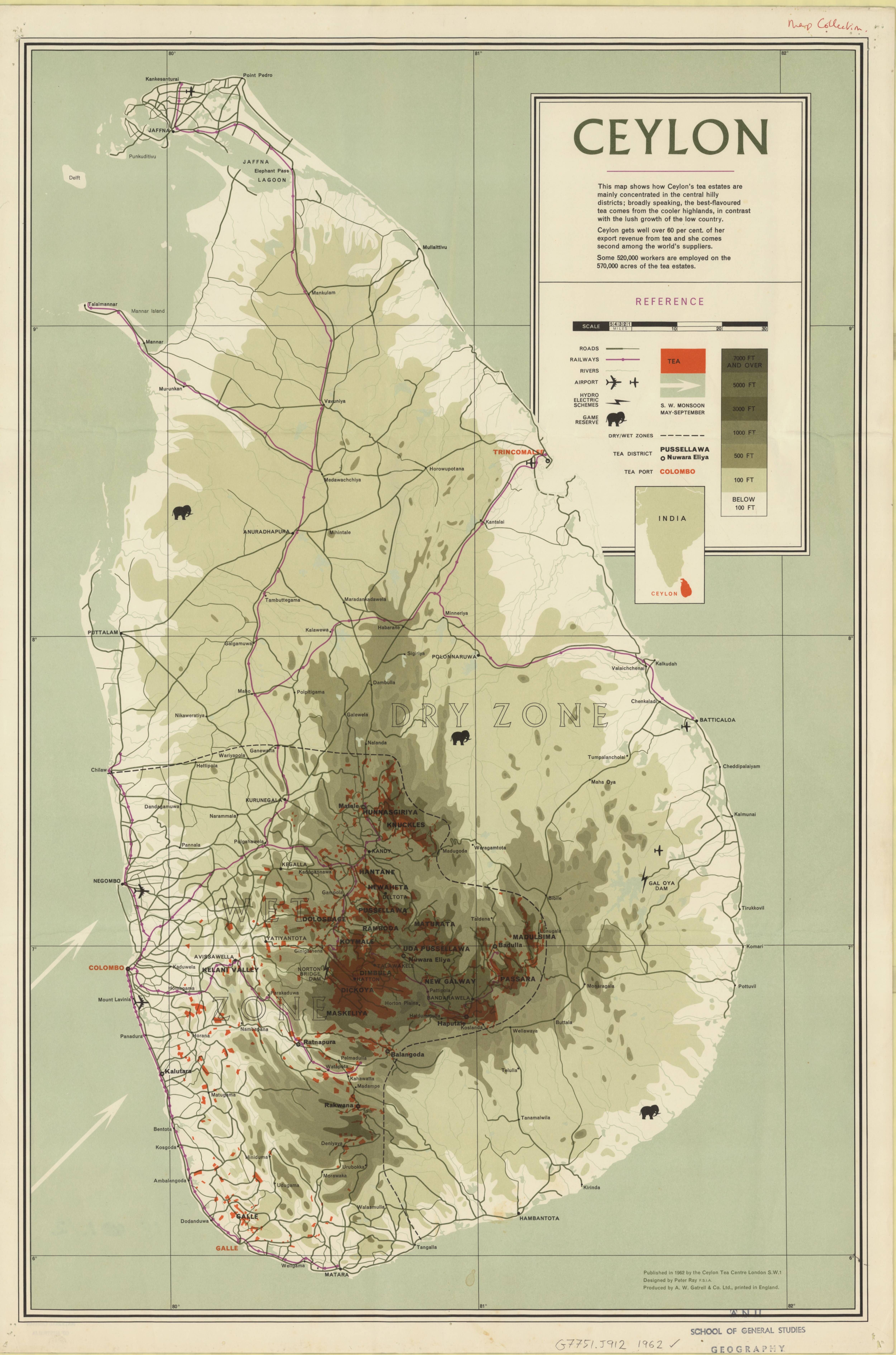 Map of Ceylon, showing tea districts and tea ports (1962)[5000 x 7557