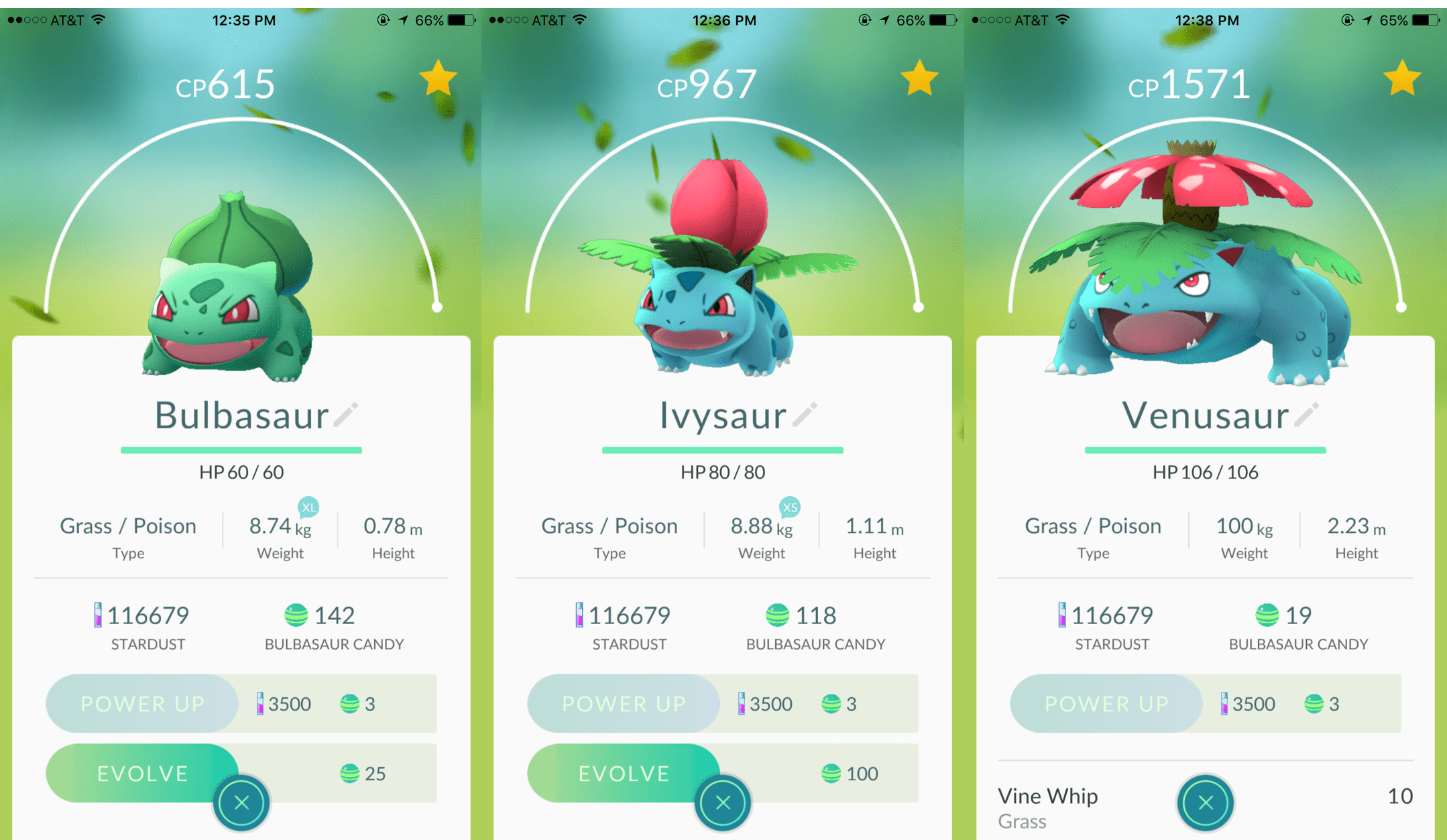 Evolving a maxed out (to my level) Bulbasaur to Venusaur r/pokemongo