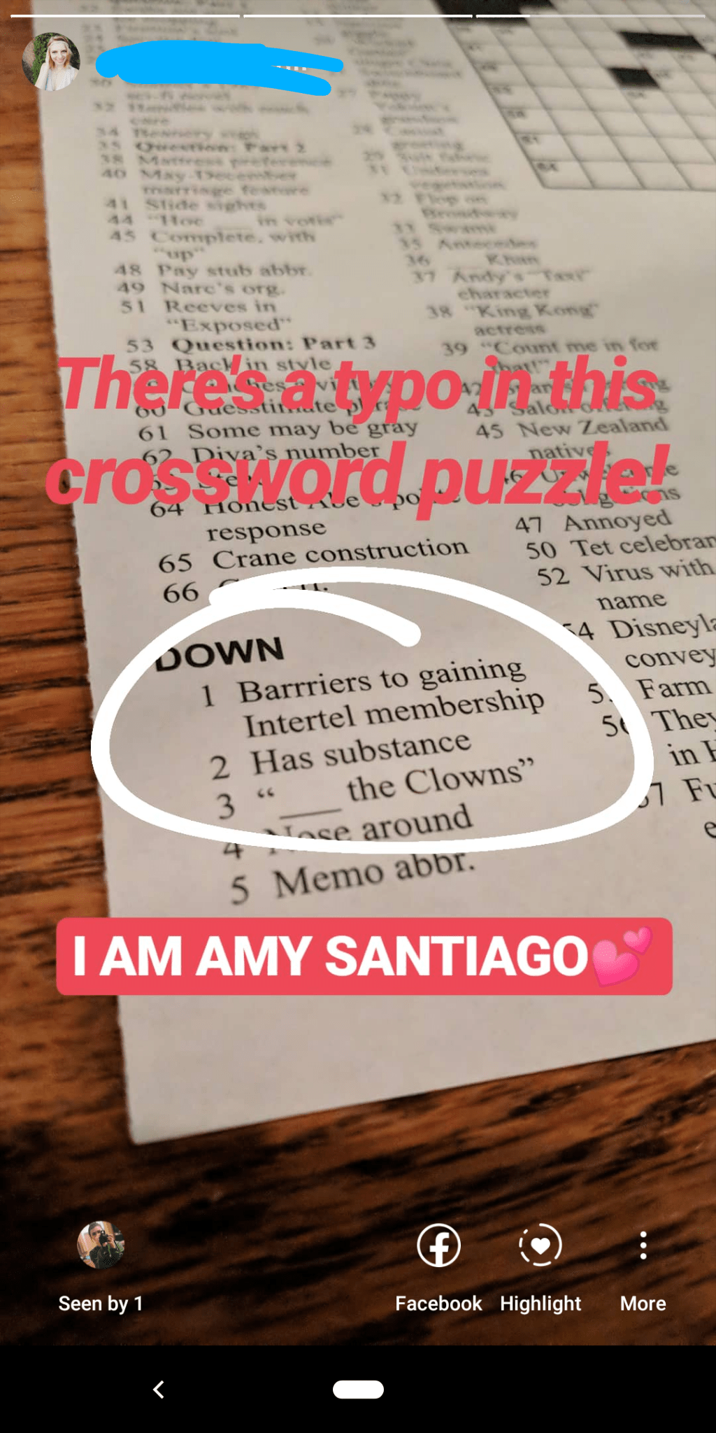 I found a typo in a crossword puzzle! I AM AMY SANTIAGO 😍💕😍 r/brooklynninenine