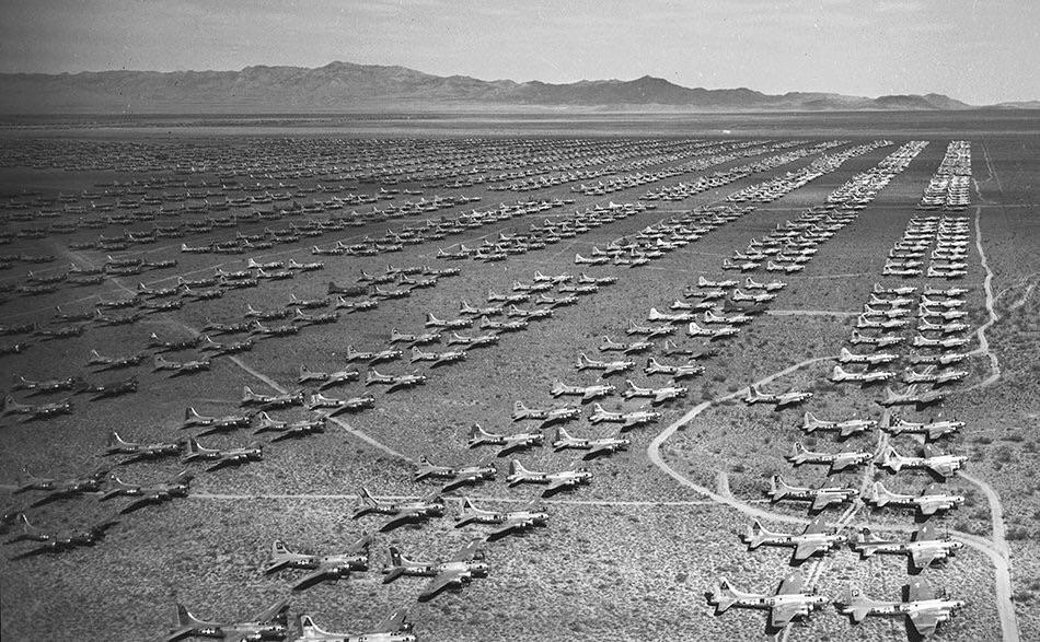 Rows of American B17 bombers, some brand new, awaiting their fate at