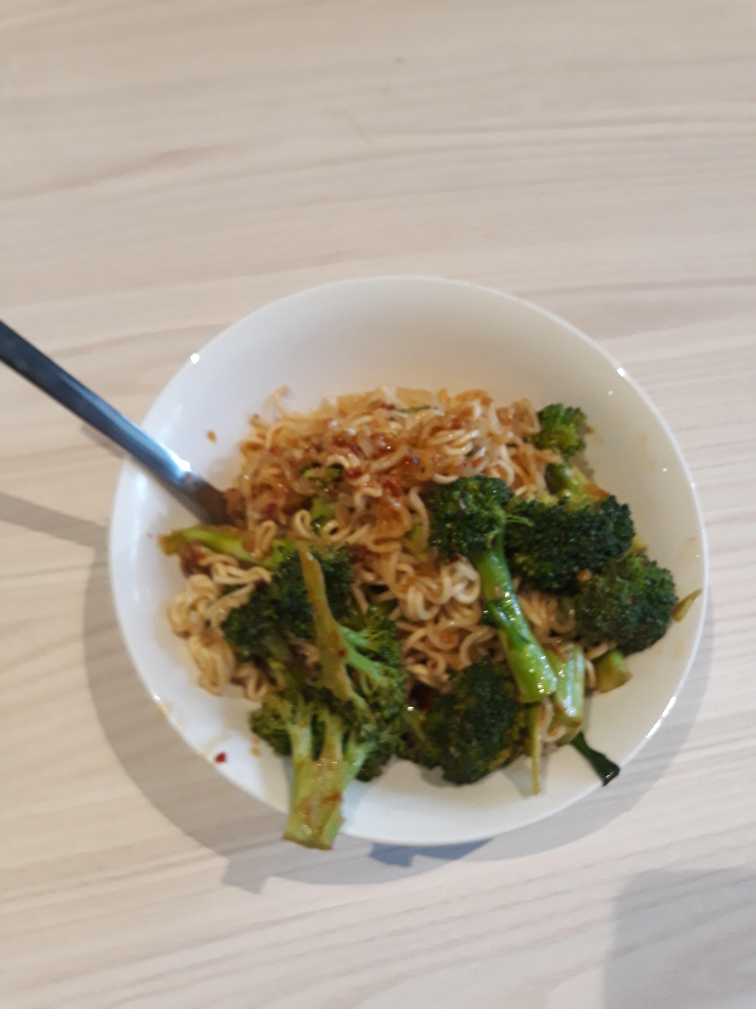 First night of uni. Broccoli and 2 minute noodles fried in chili