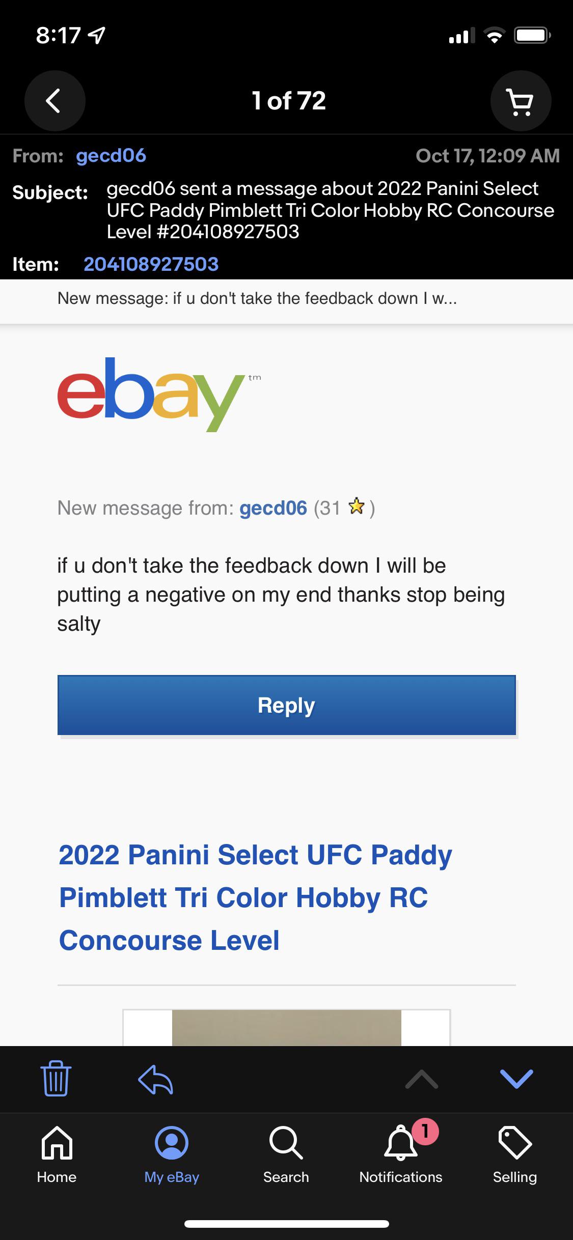 Non Paying Bidder threatening me with a bad review r/ufccards