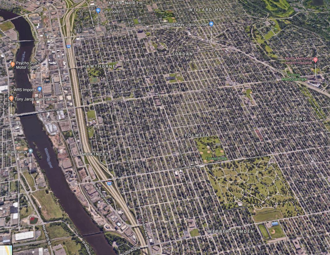 Effect of 2011 North Minneapolis tornado as seen in Google Maps r