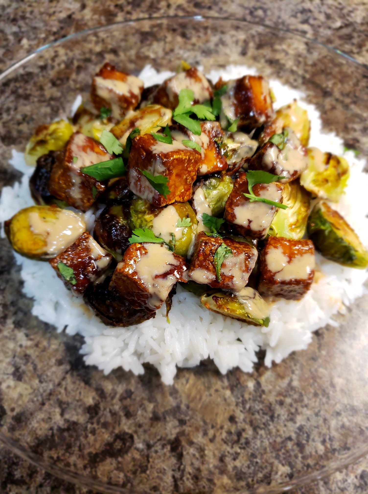 [I made] Crispy glazed tofu, roasted Brussels sprouts over rice w/tahini r/FoodPorn