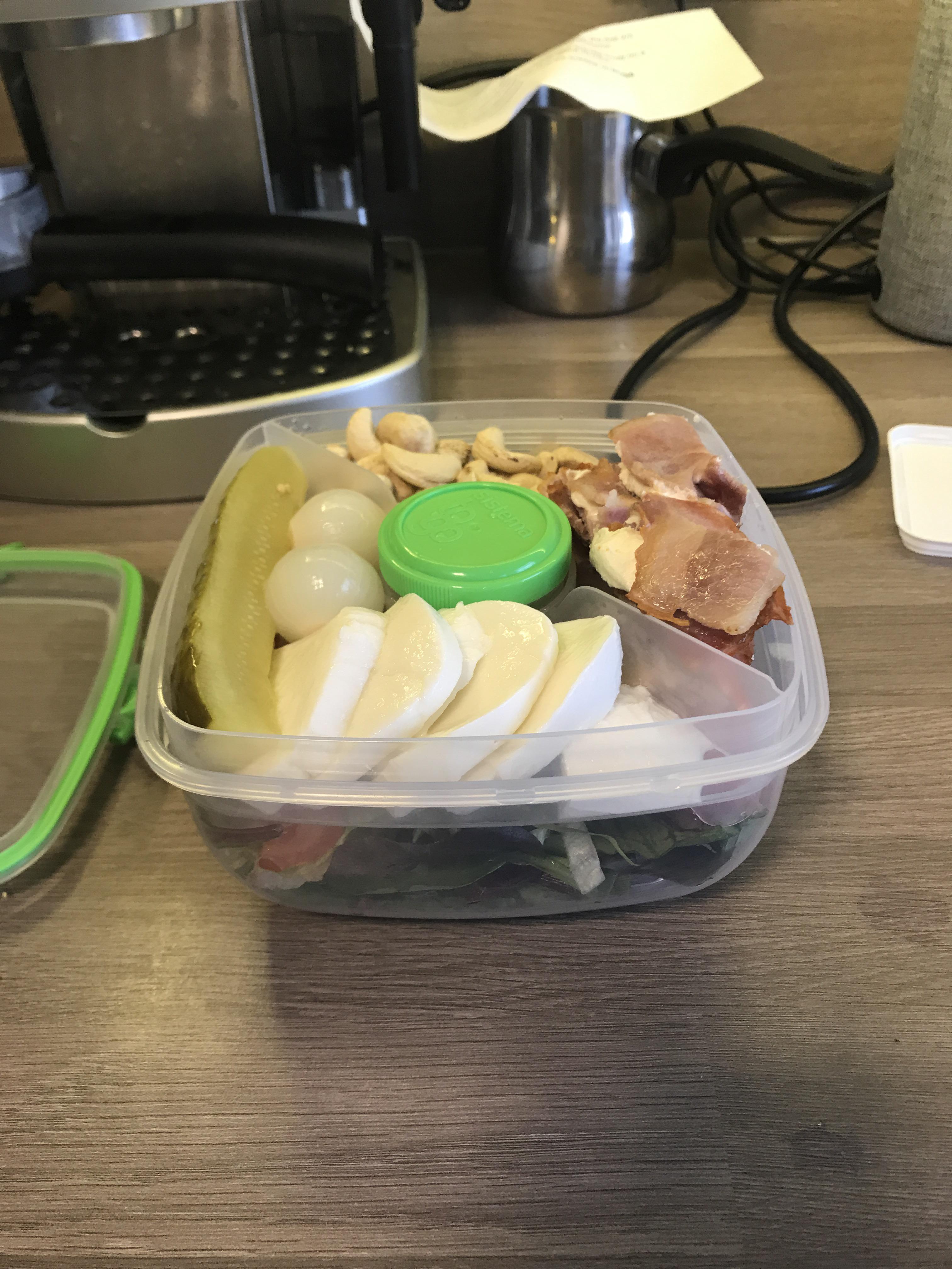 Keto lunch! Mixed salad leaves, tomato, gherkin, pickled onions