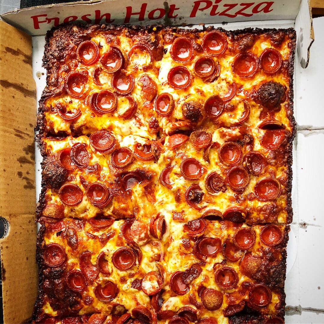 A square pepperoni focaccia pie from Mama’s Too in NYC (Broadway and