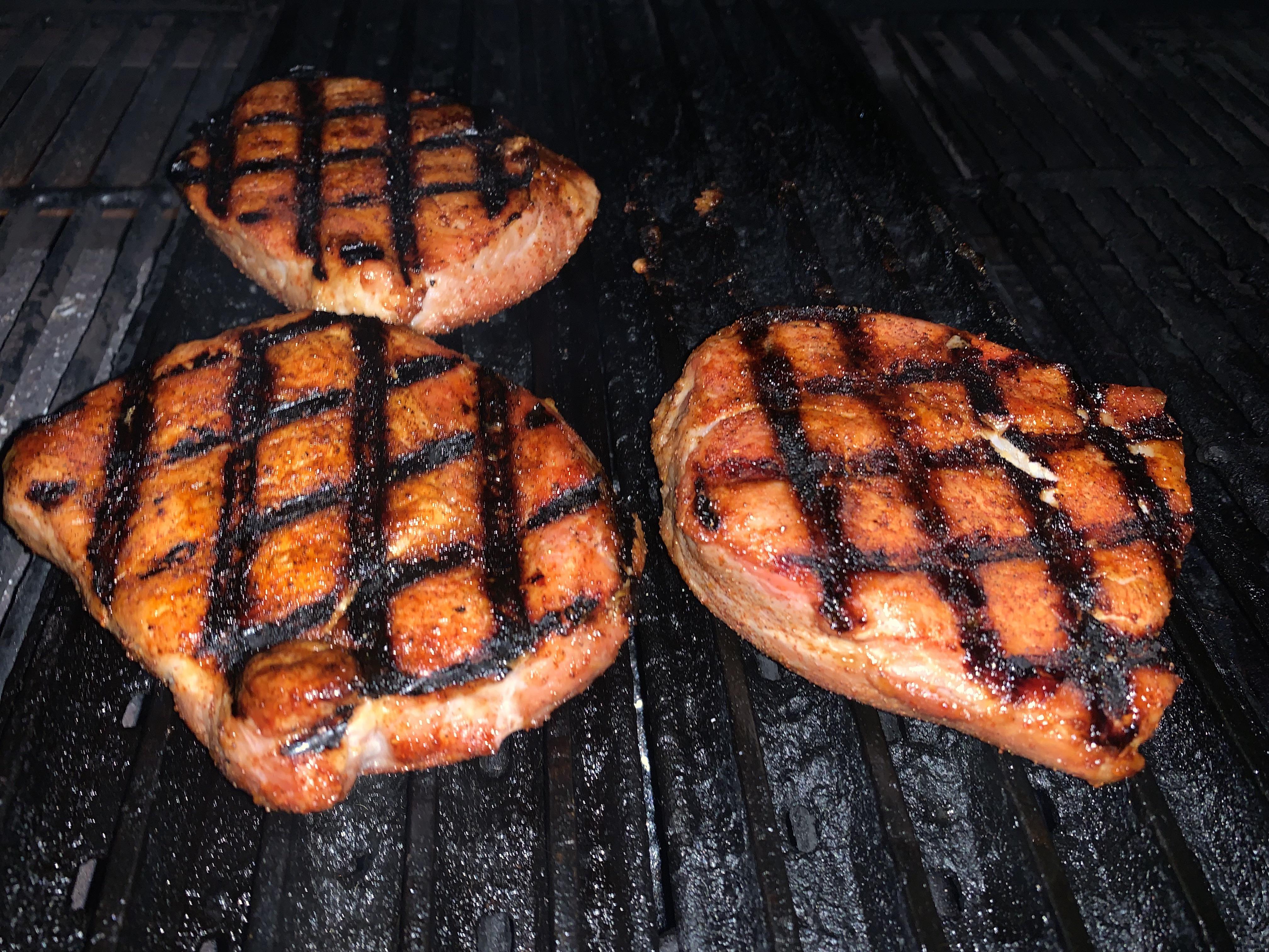 Grilled lard injected pork chops seasoned with 30min marinade and
