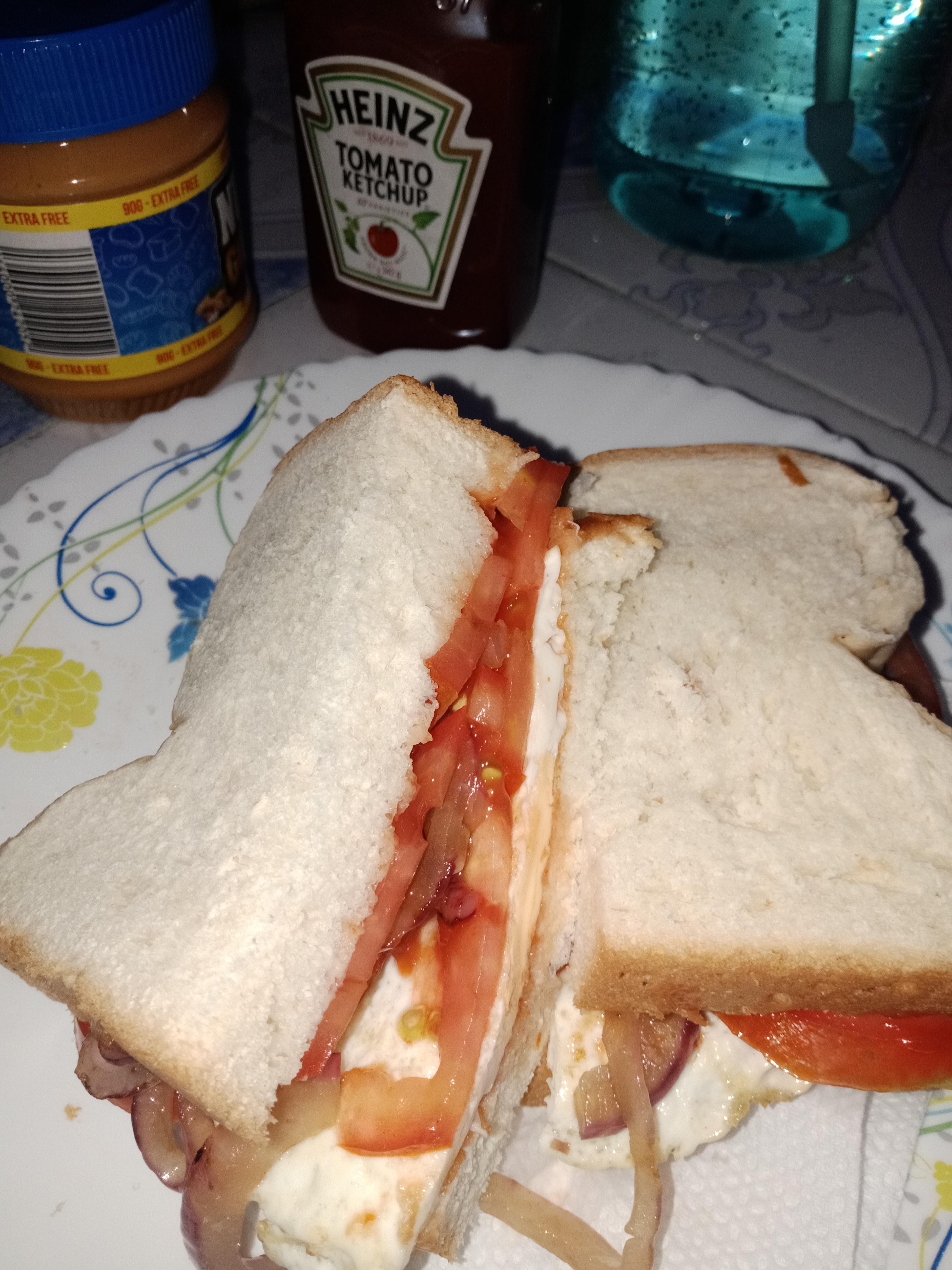 Breakfast sandwich. Egg, tomato, sauteed onion and ketchup. r/Sandwiches