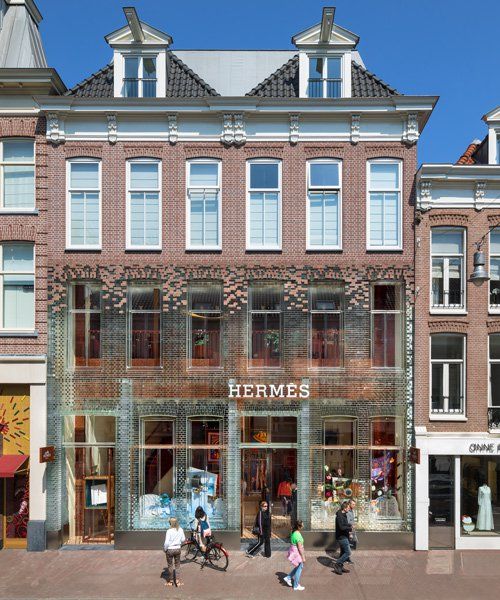 Hermes store in Amsterdam. The glass brickwork blends with the