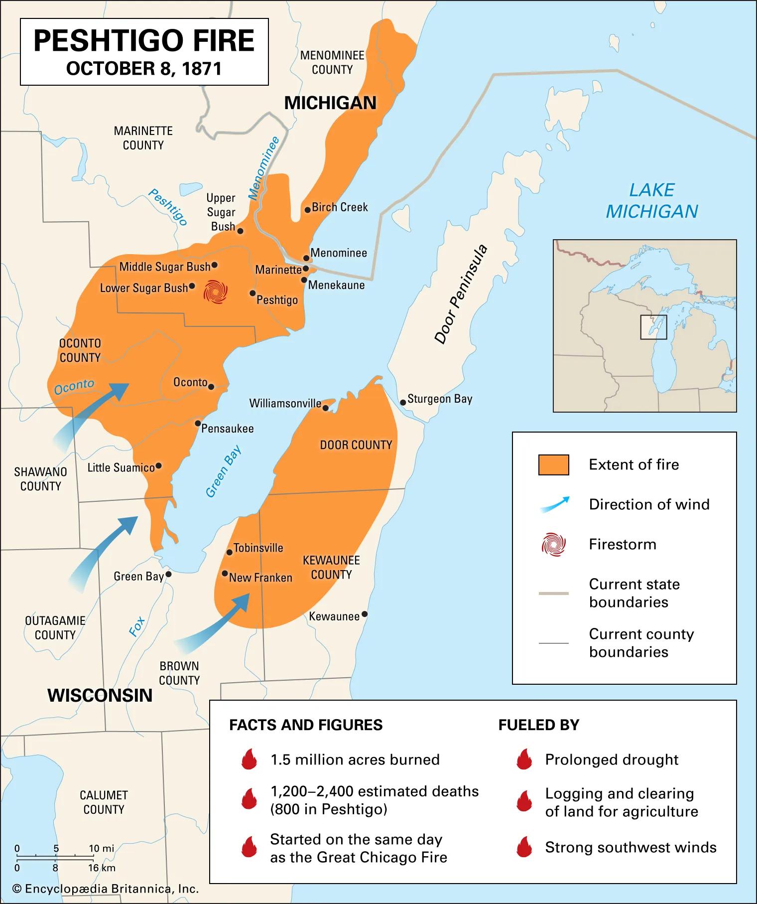 Areas impacted by the Peshtigo Wildfire, the deadliest wildfire in