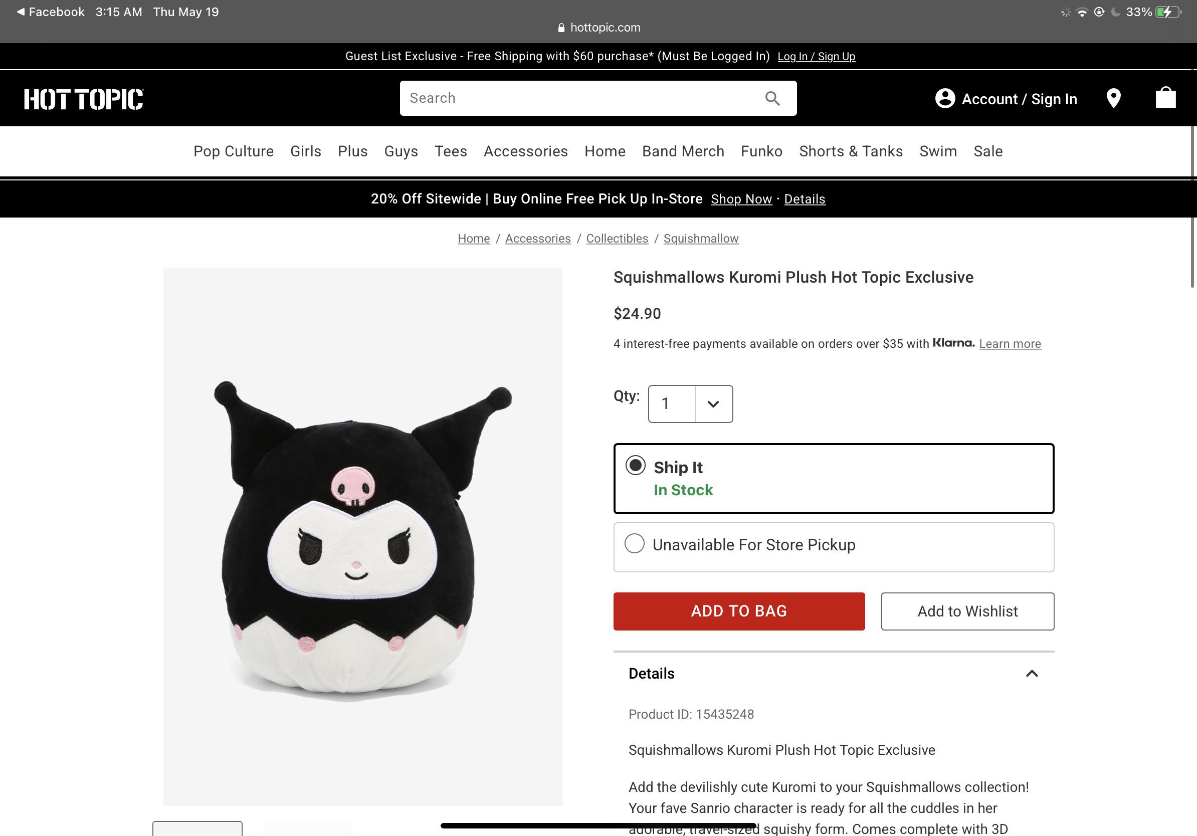 The Kuromi Squishmallow is available right now on the Hot Topic site
