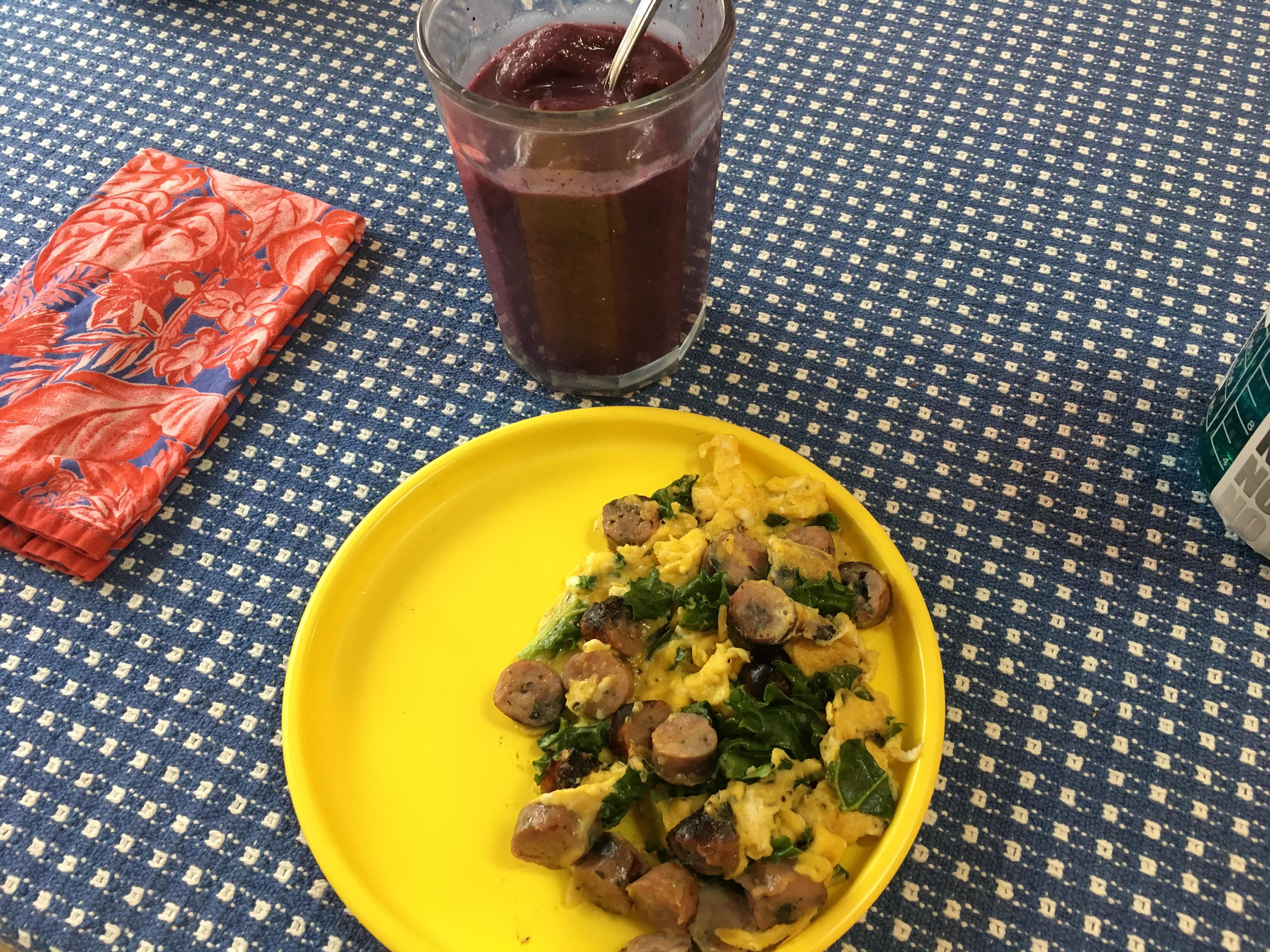 [Food Pic] Breakfast! (Paleo smoothie, egg scramble w/ kale and sausage