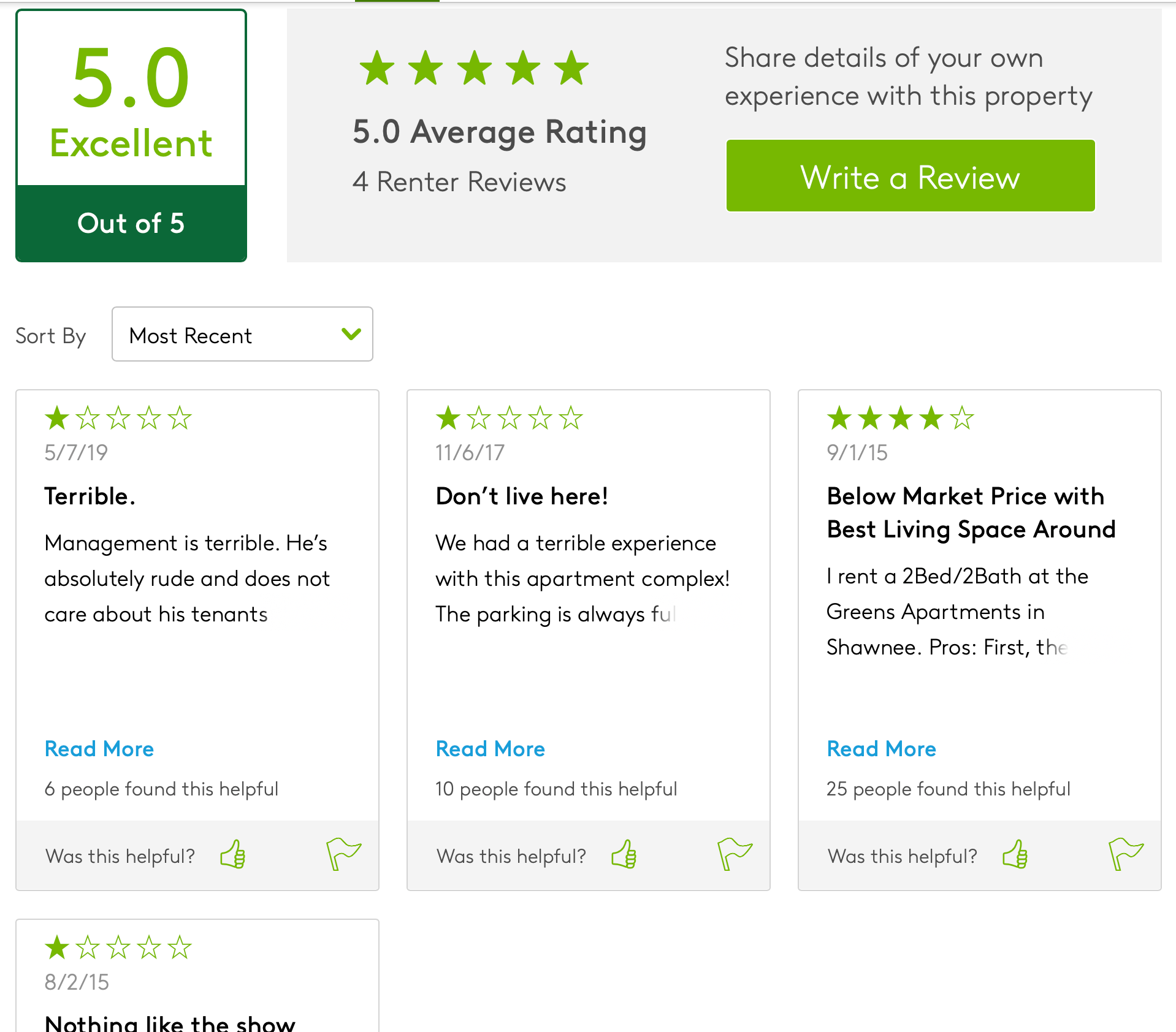 Apartment shows a 5.0 rating, with all four reviews being a four or