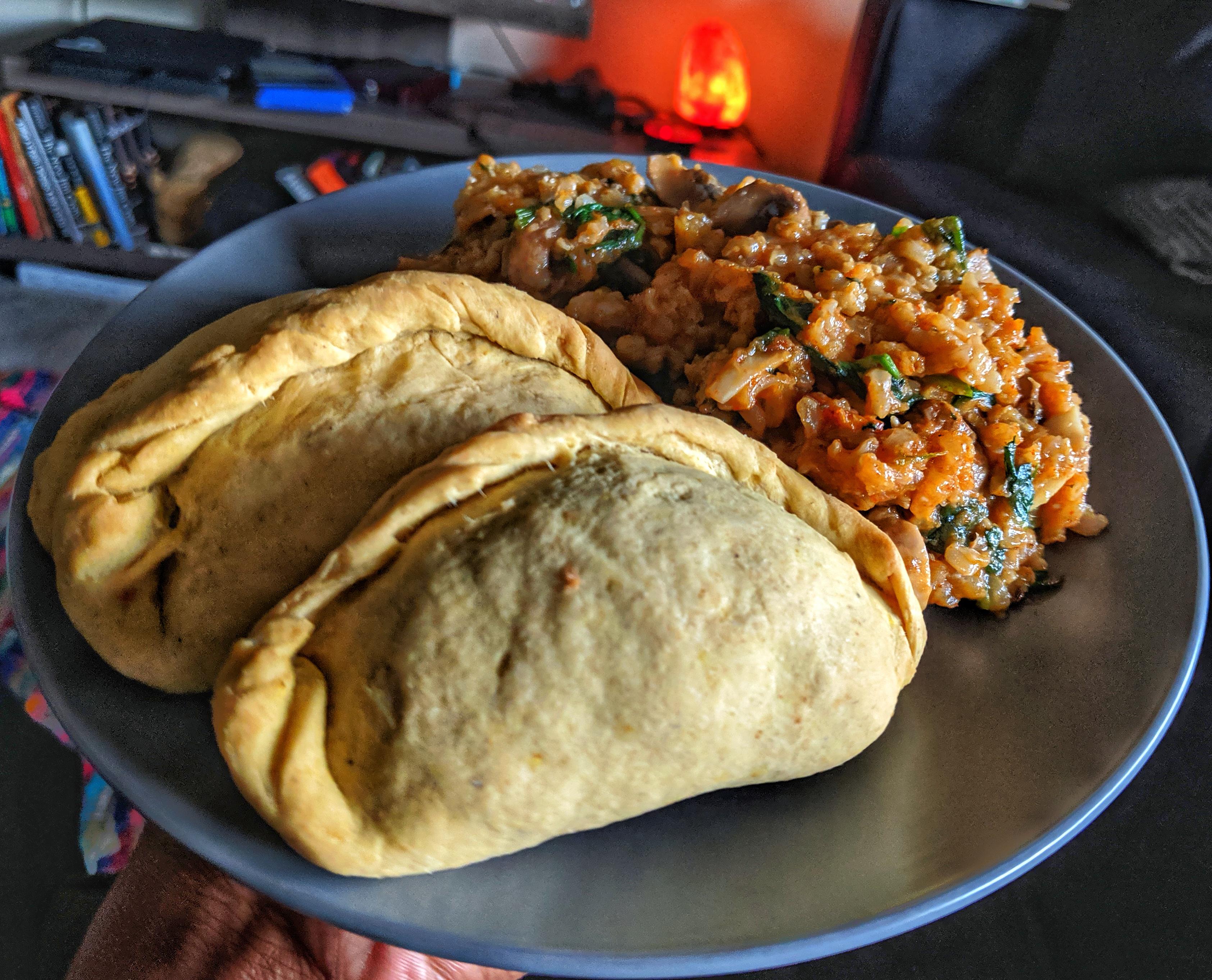 Homemade Pinto Empanadas and Spinach Fried Rice r/vegan