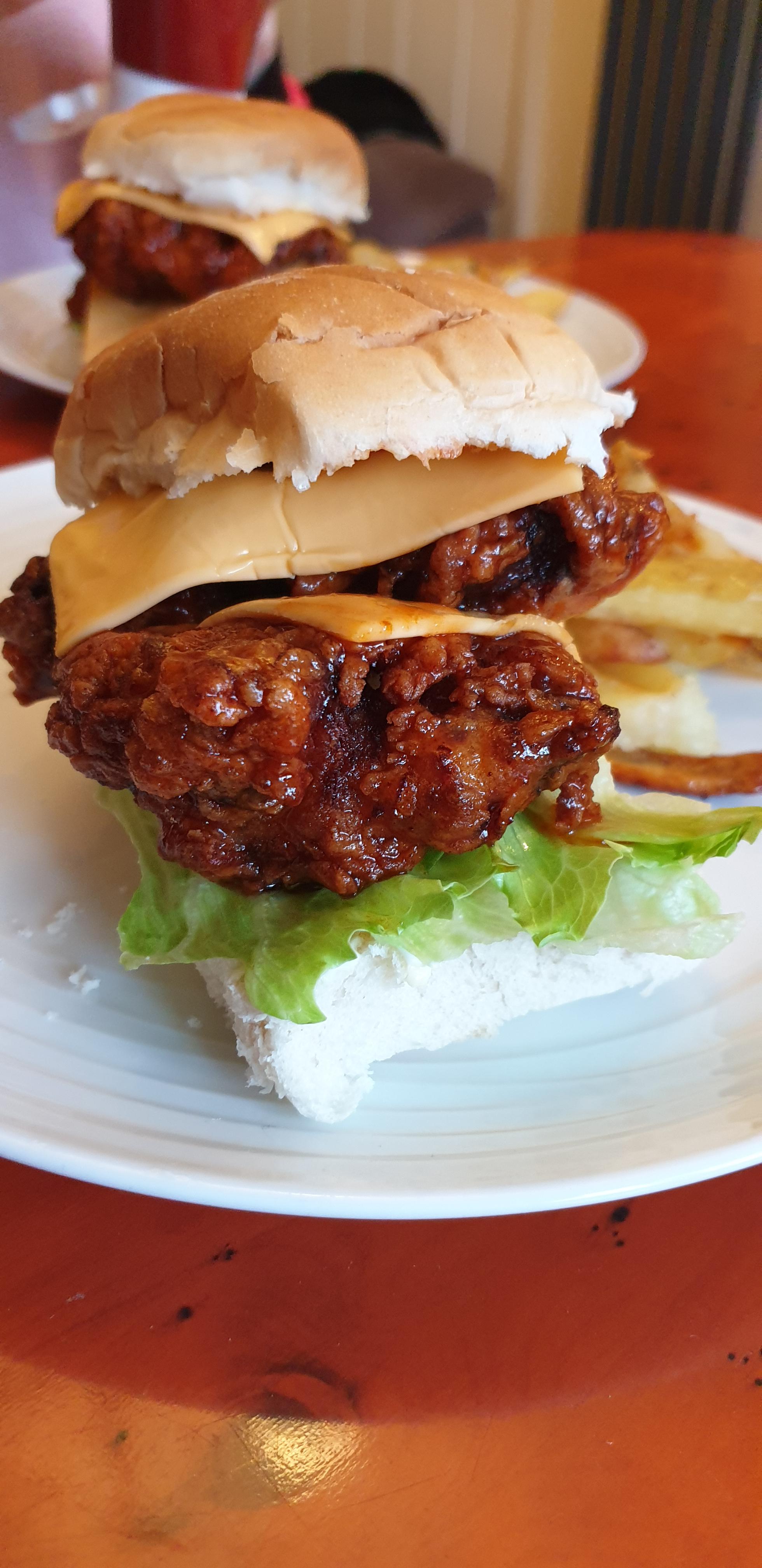[Homemade] Buttermilk fried chicken burger in a hot sauce and honey