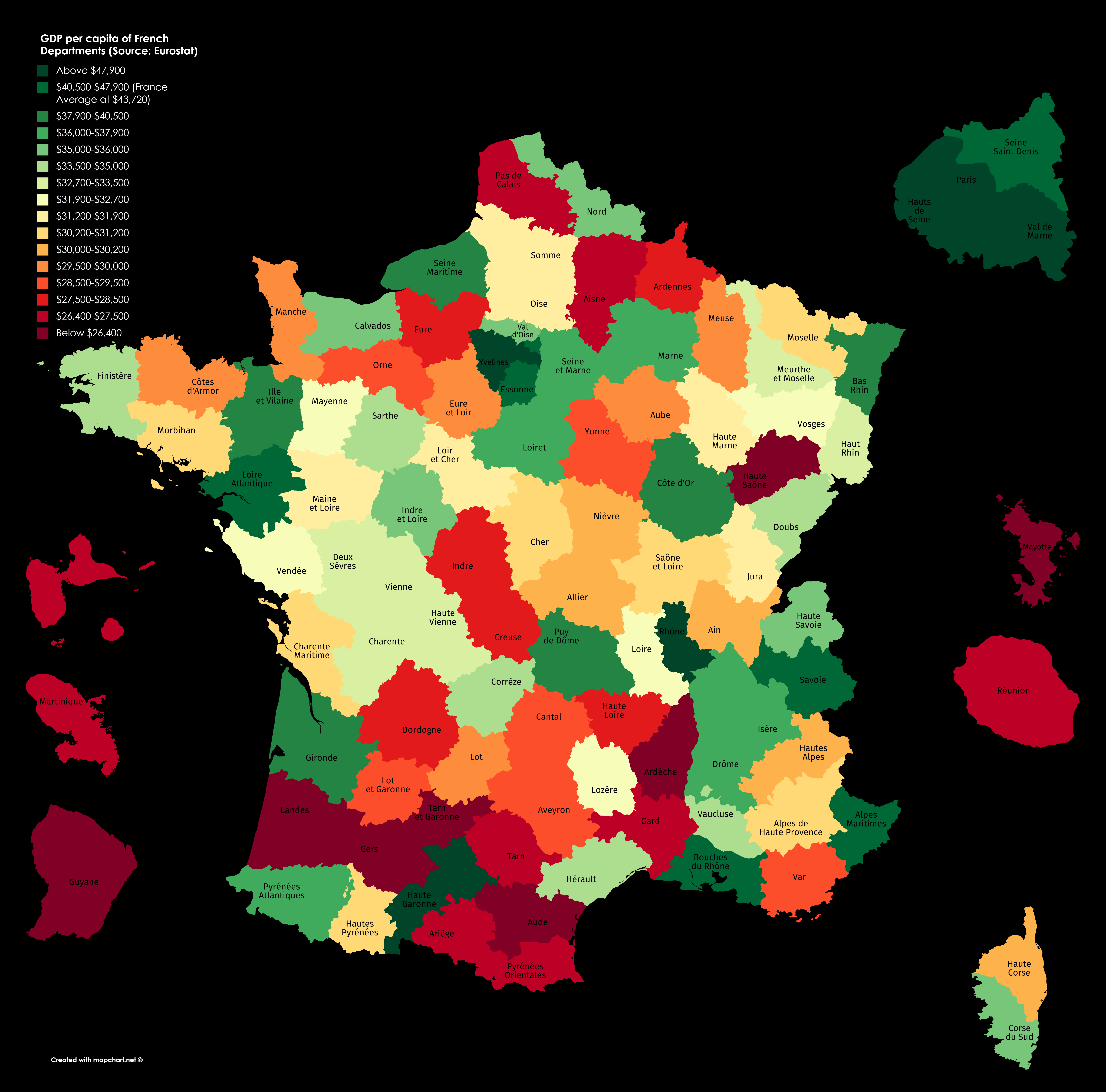 GDP per capita of French Departments in PPP dollars (Source Eurostat