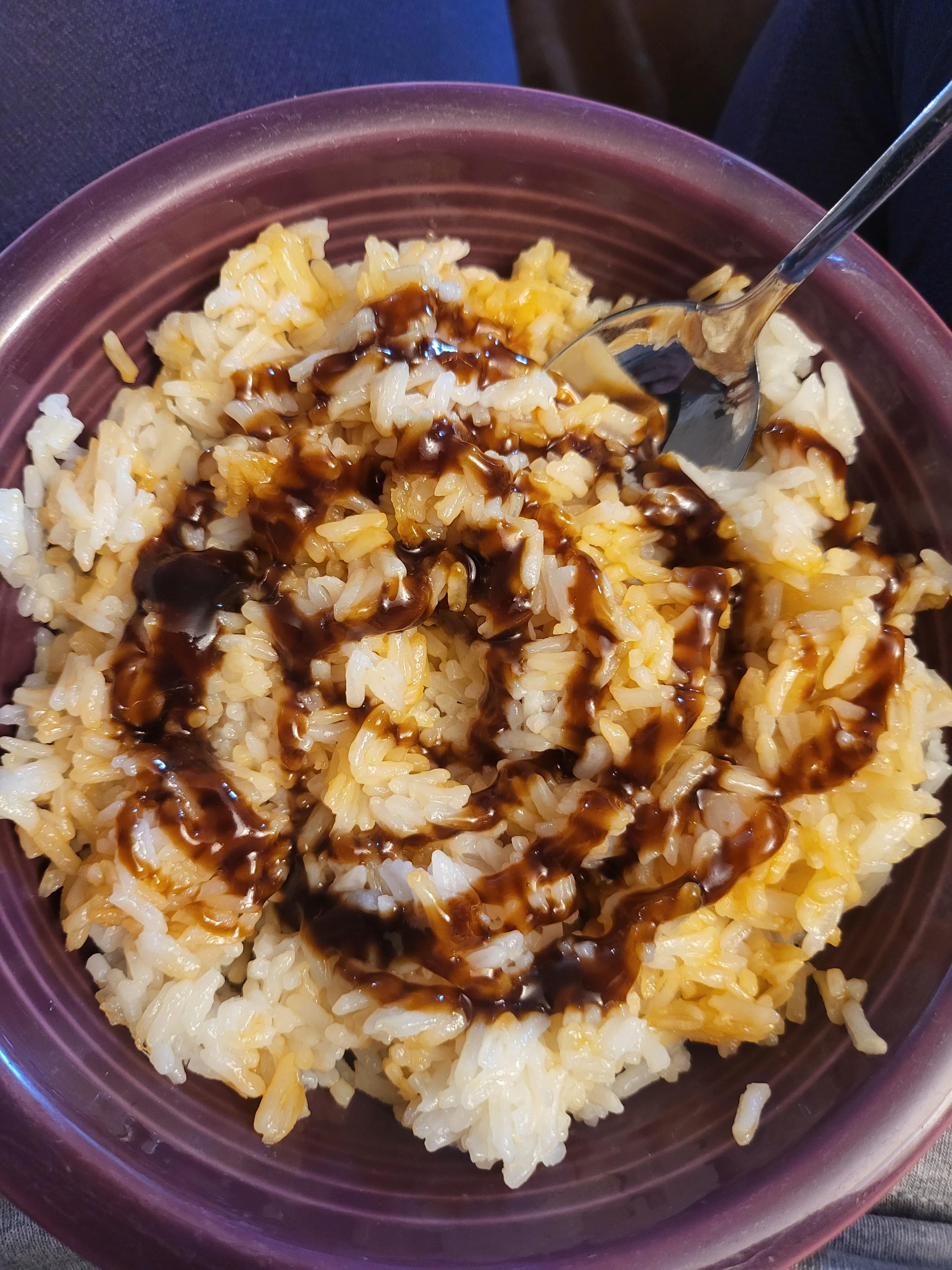 Post breakup rice w/sesame oil, too much rice vinegar, topped w/hoisin r/depressionmeals